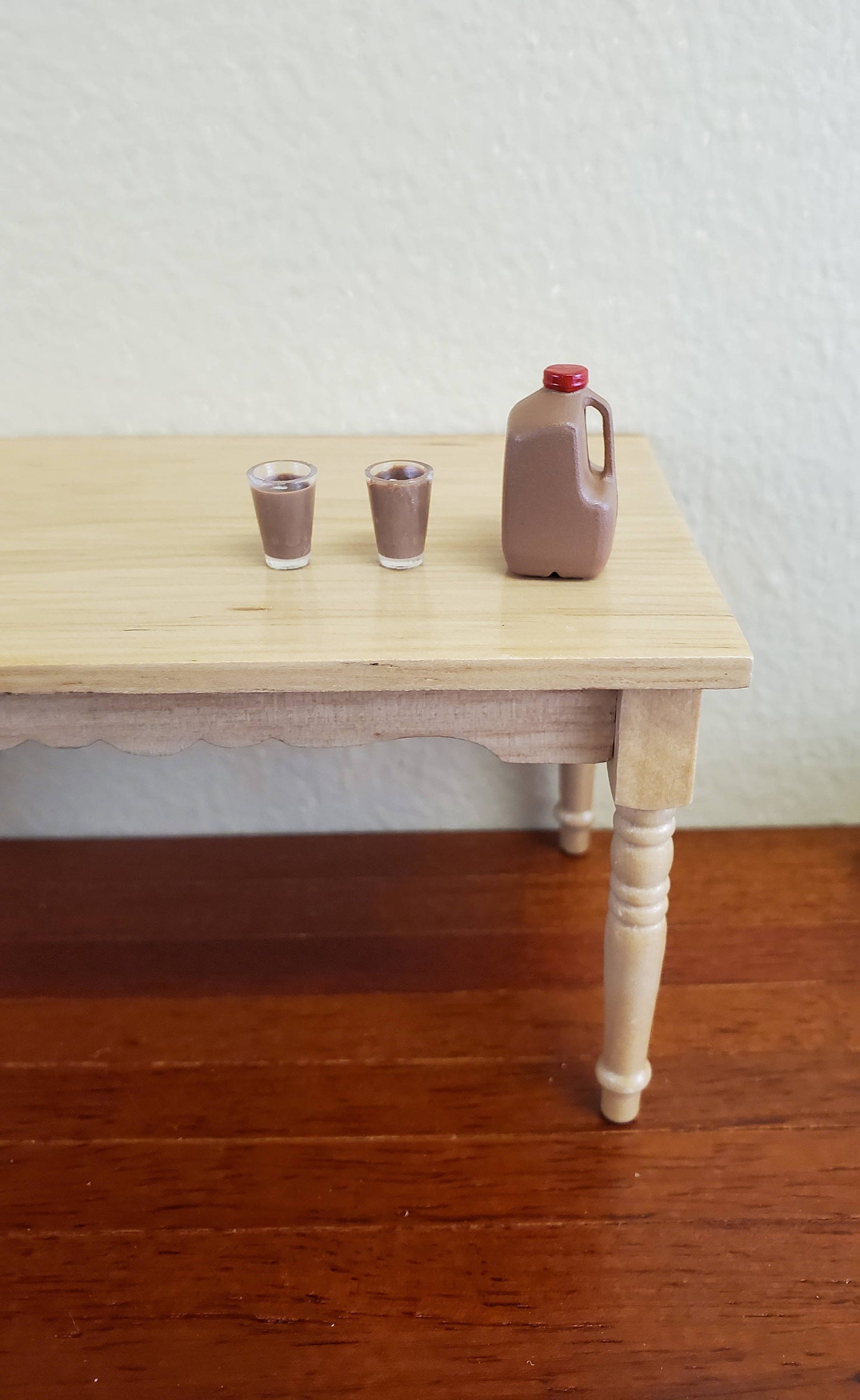 Dollhouse Miniature Chocolate Milk Gallon Jug with 2 Filled Glasses 1:12 Scale Food Kitchen Accessory