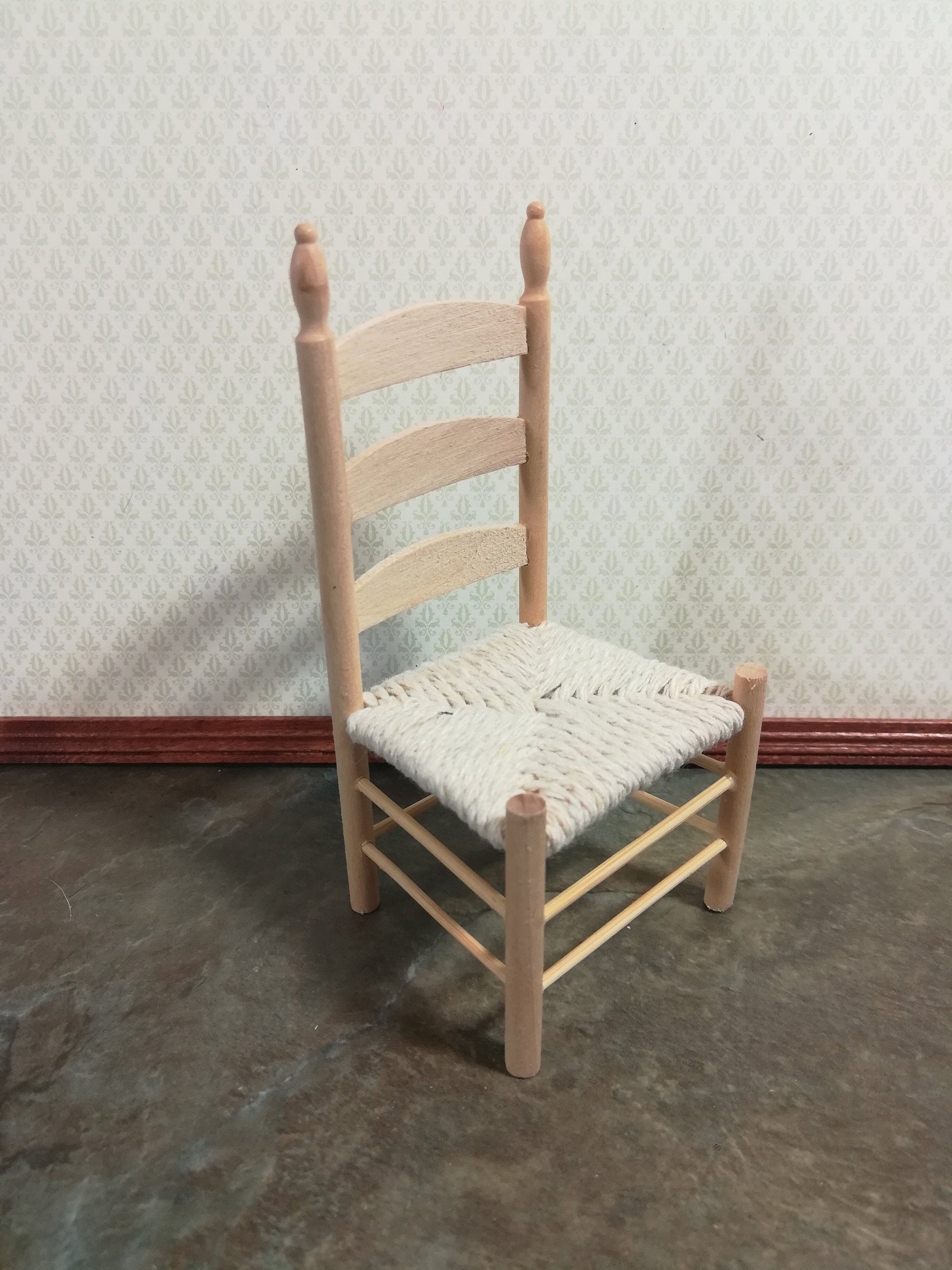 Dollhouse Miniature Ladderback Chair with Rush Seat for Kitchen or Dining Room 1:12 Scale Unfinished