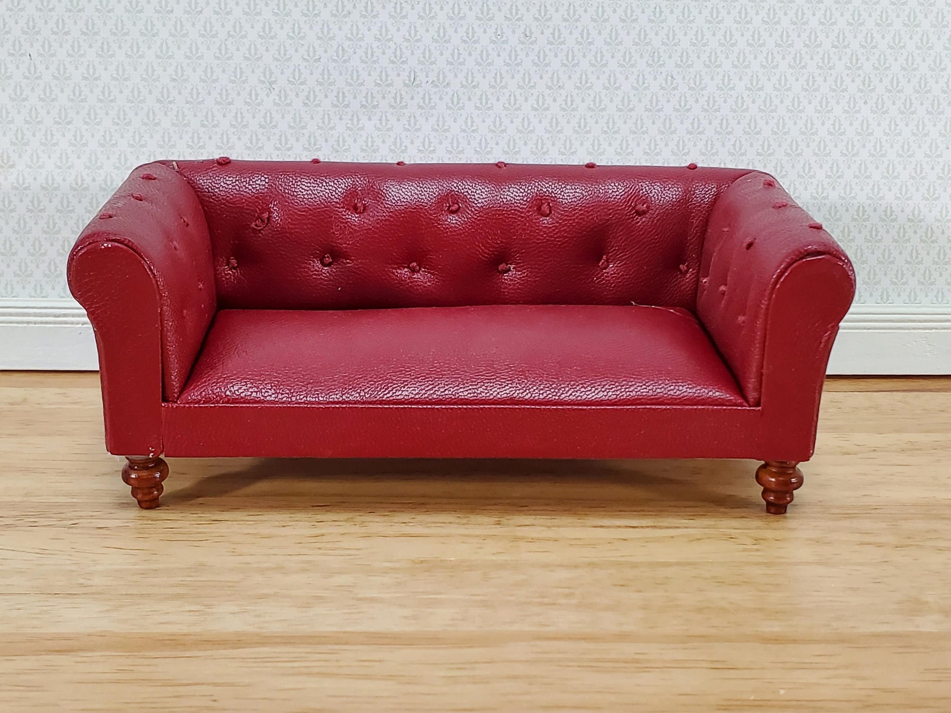 Dollhouse Sofa Couch Chesterfield Burgundy Faux Leather 1:12 Scale Miniature Furniture