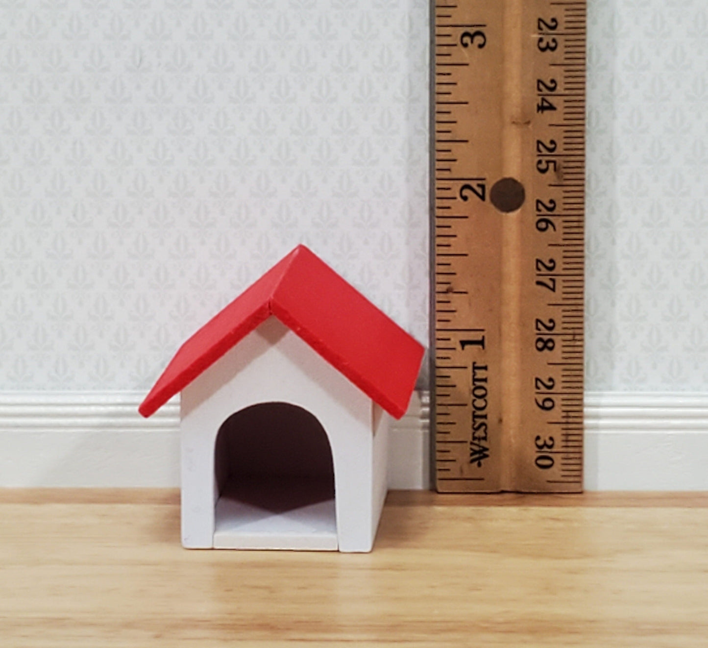 Dollhouse HALF SCALE Dog House Kennel Small Wood 1:14 Scale Miniature Red and White
