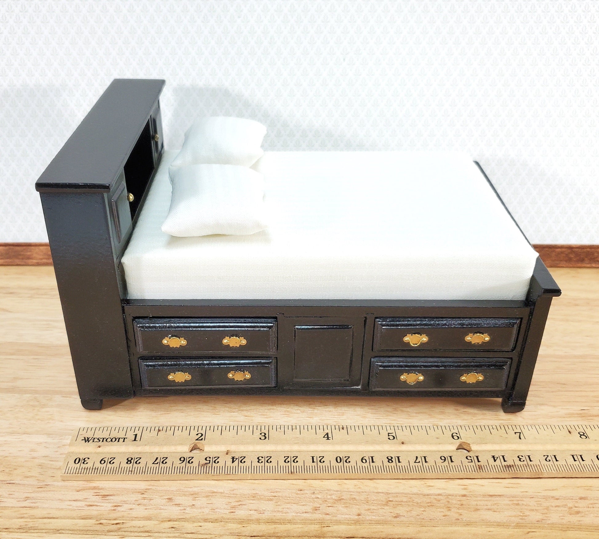 Dollhouse Captain's Bed with Drawers Double Black Finish 1:12 Scale Bedroom Furniture