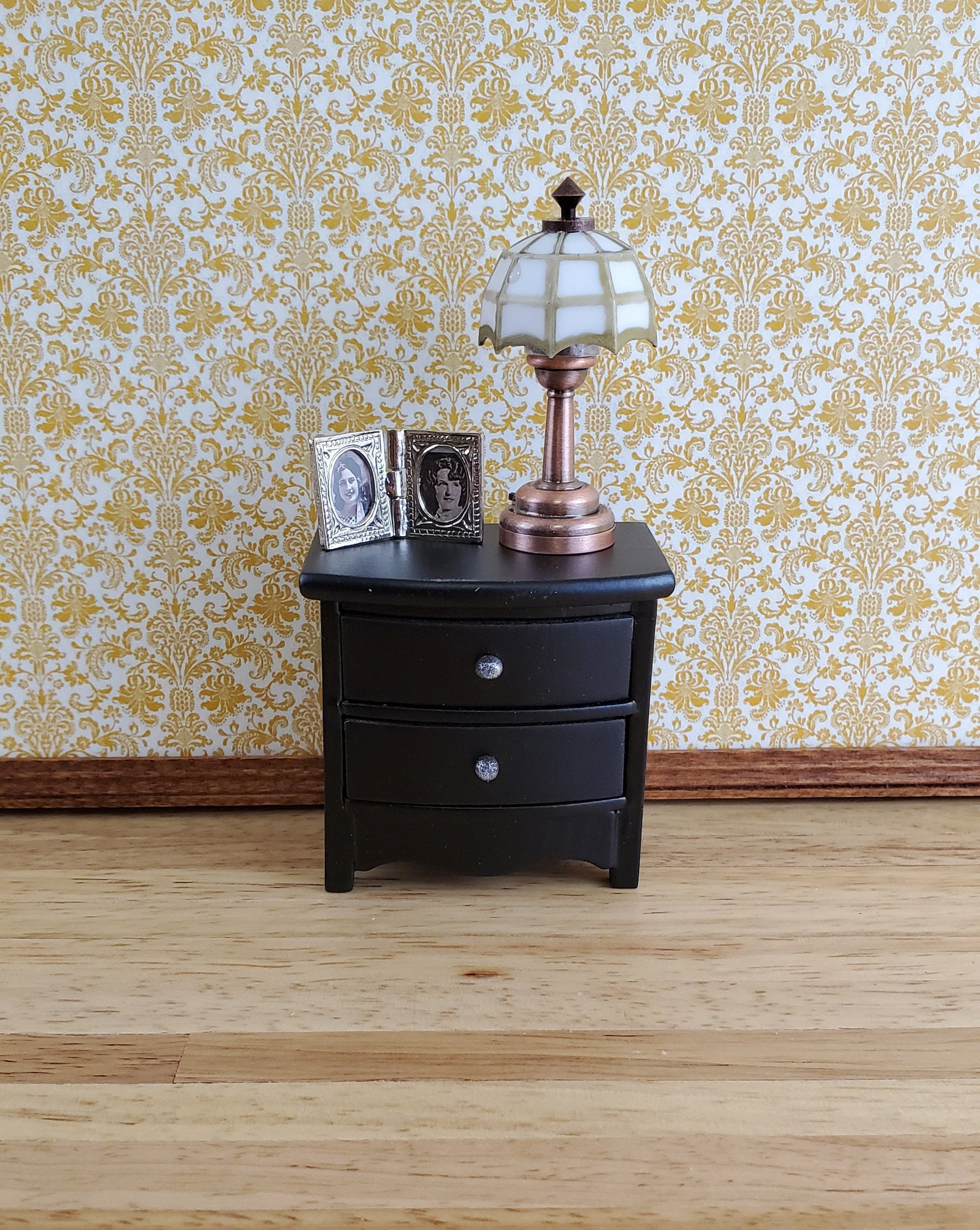 Dollhouse Miniature Side Table or Nightstand with 2 Drawers Black 1:12 Scale Furniture