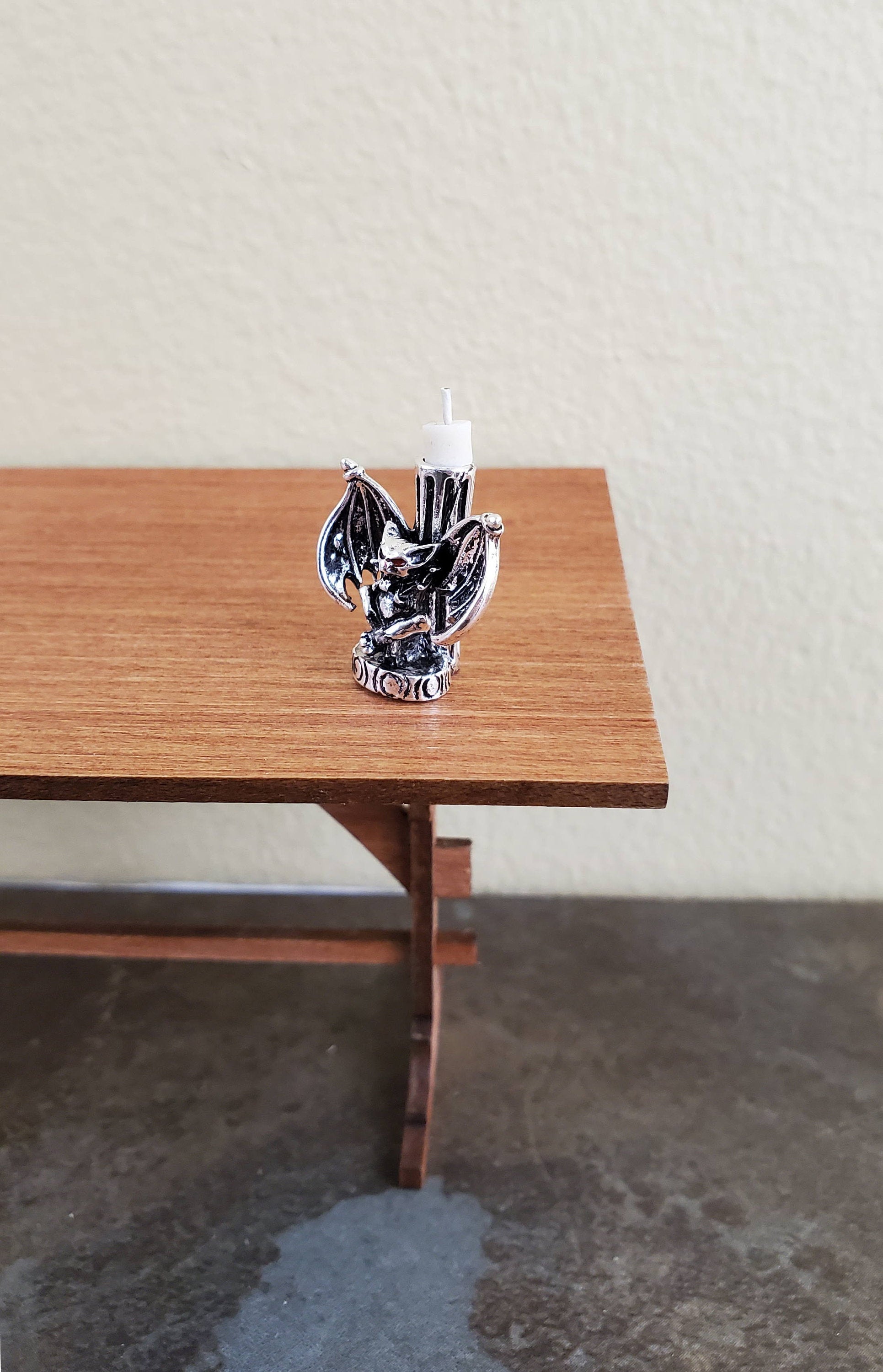 Dollhouse Miniature Gargoyle Bat Candle Holder Silver Finish Metal 1:12 Scale