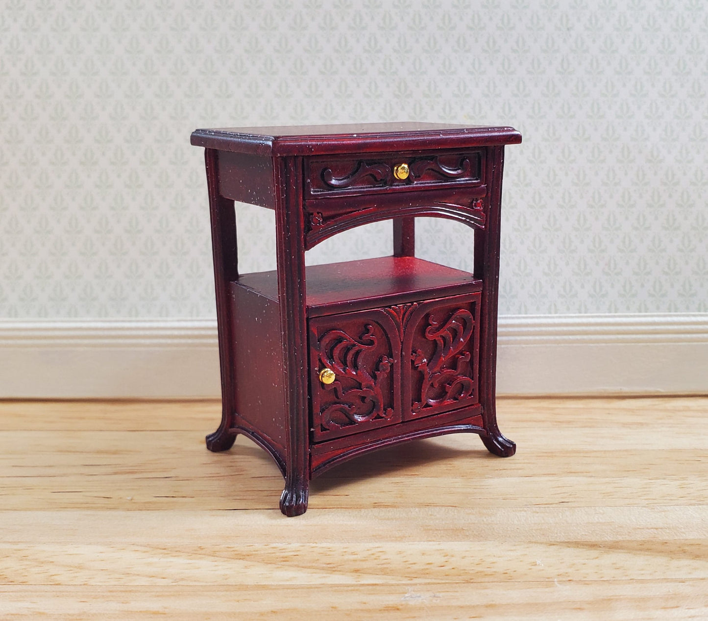 JBM Dollhouse Art Nouveau Side Table Nightstand 1:12 Scale Mahogany Finish