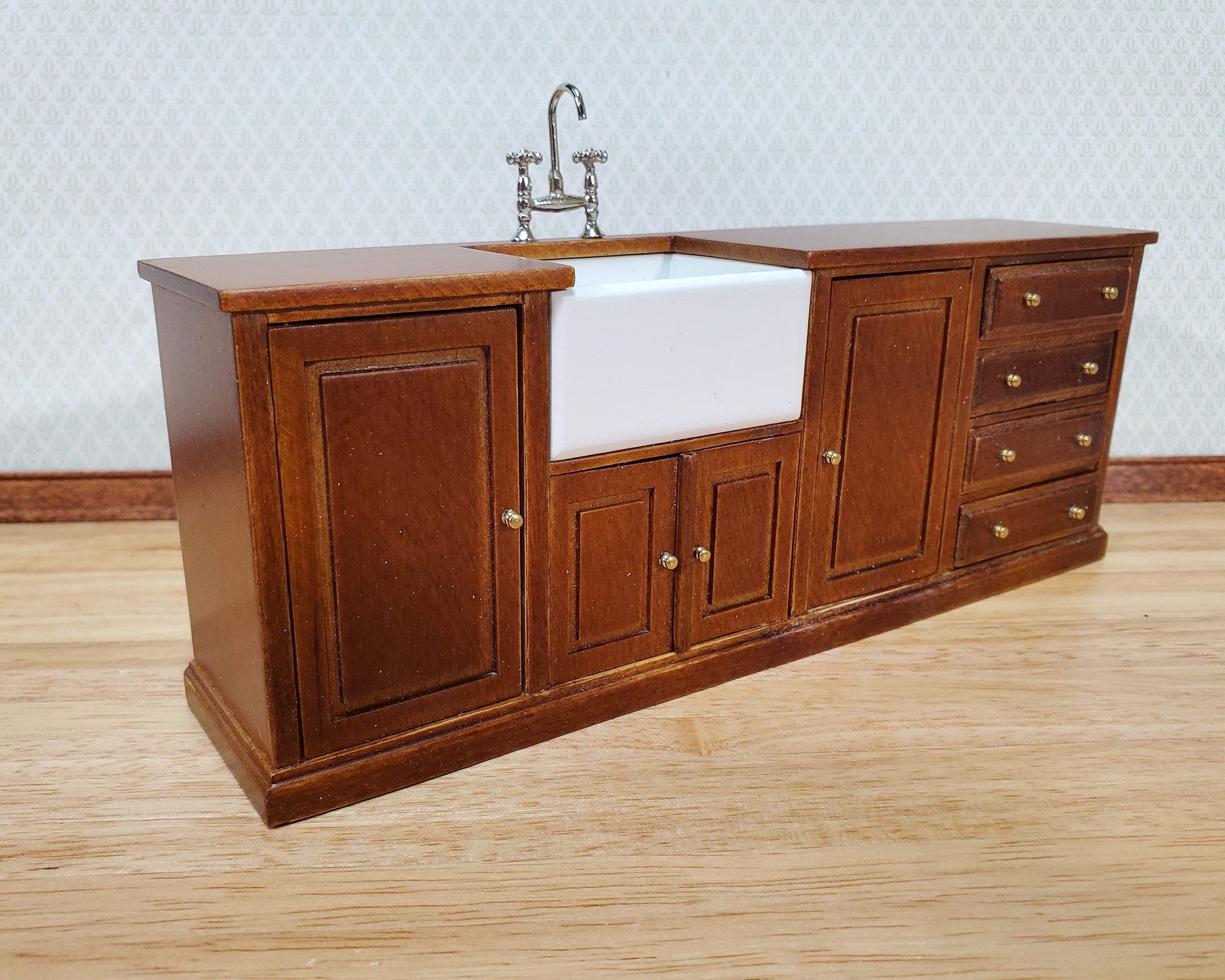 JBM Dollhouse Kitchen Sink & Plate Shelf Farmhouse Style Walnut Finish 1:12 Scale