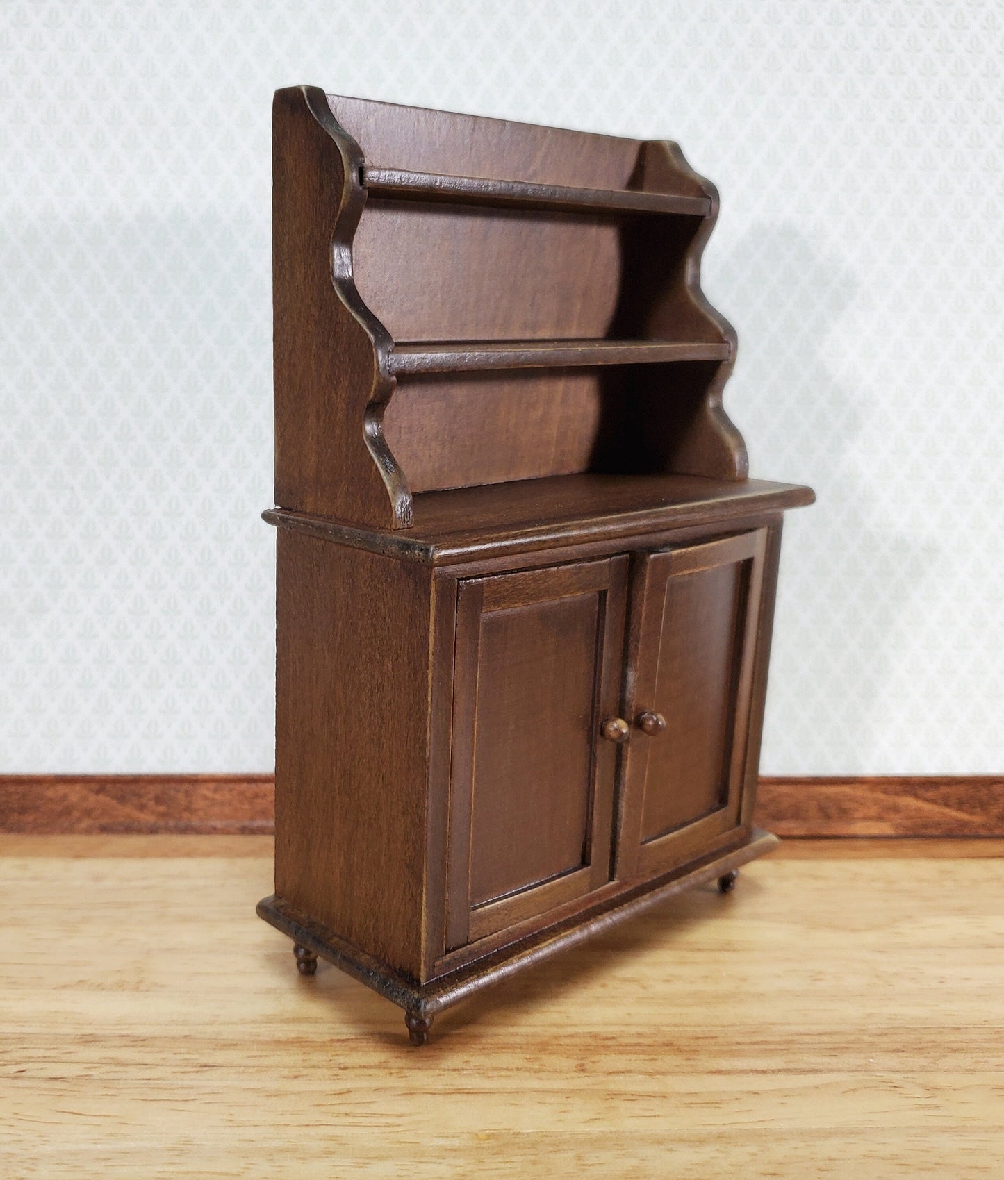 Dollhouse Tall Hutch Cabinet with Shelves Dark Walnut Finish 1:12 Scale Furniture