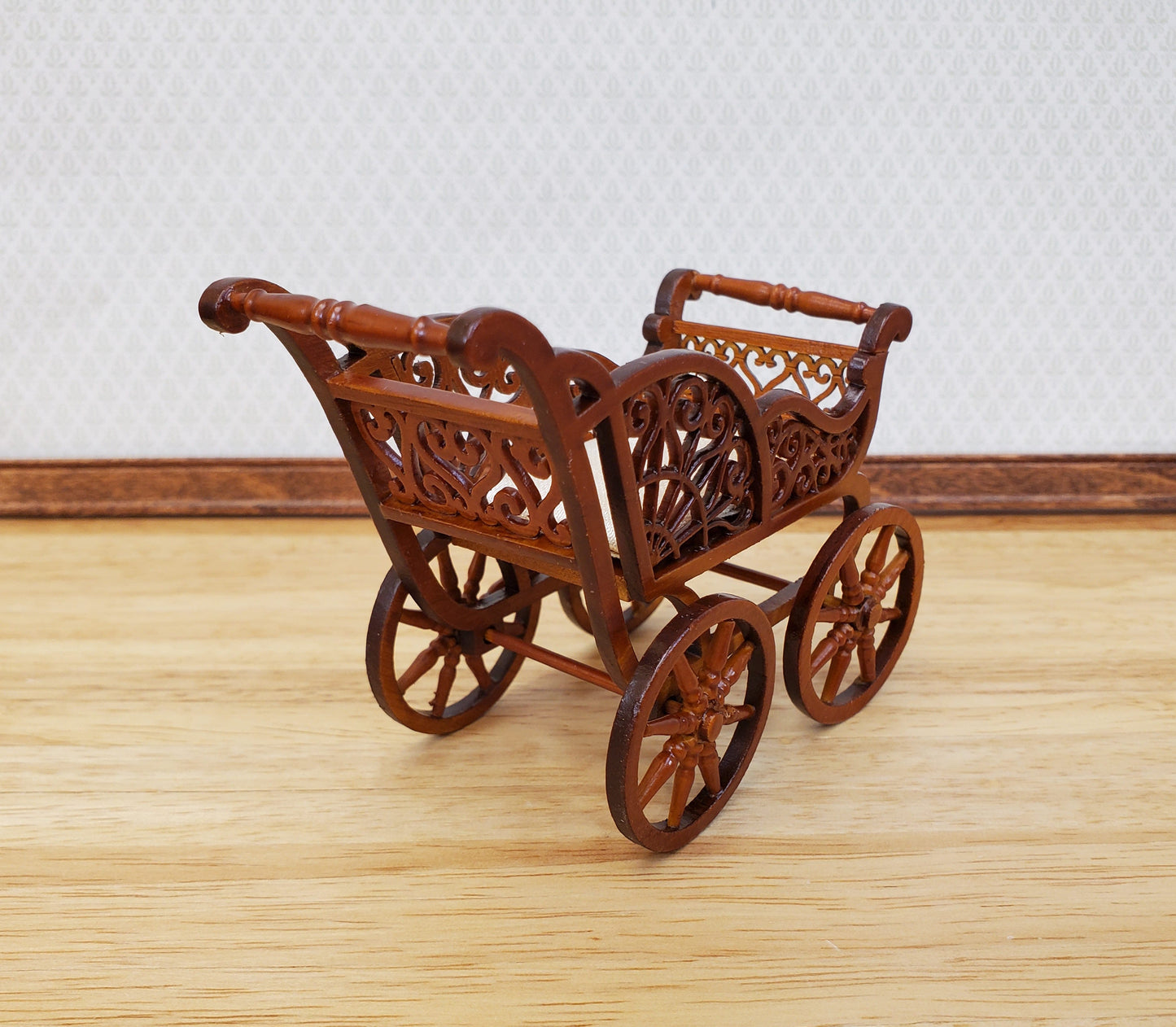 Dollhouse Baby Carriage Stroller Victorian Style 1:12 Scale Furniture Walnut Finish