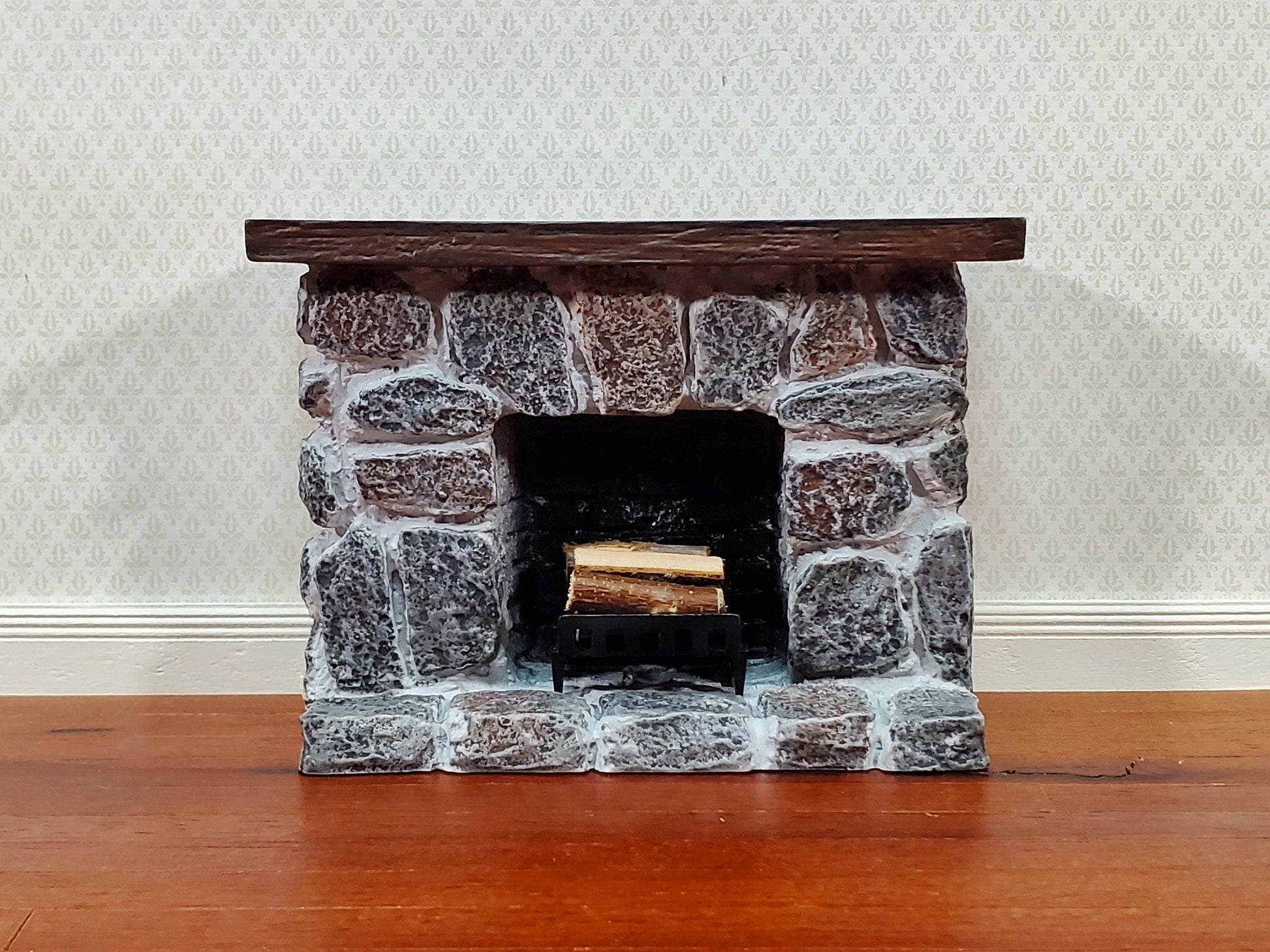 Dollhouse Fireplace with Mantel Gray Stone Fieldstone 1:12 Scale Miniature Furniture
