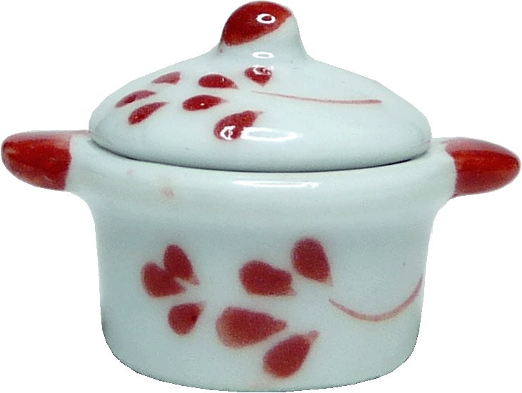 Dollhouse Miniature White Ceramic Stock Pot with Lid Red Pattern 1:12 Scale