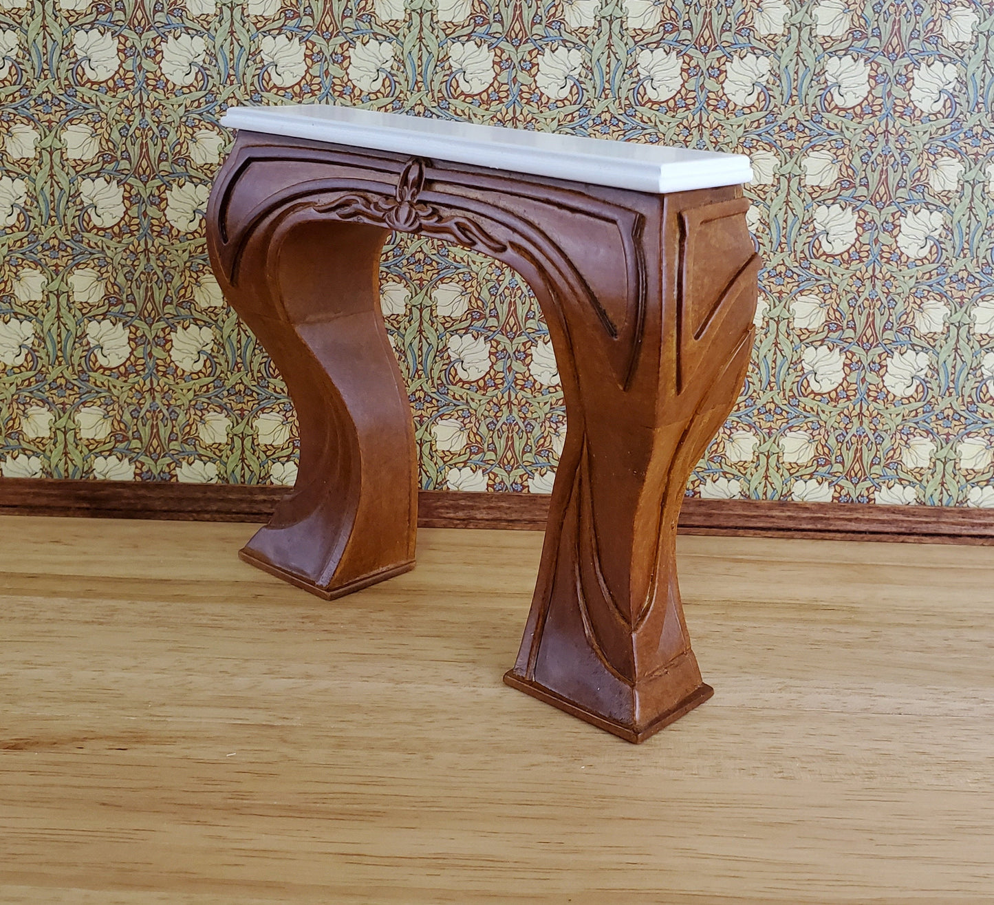 JBM Dollhouse Fireplace Art Nouveau Style 1:12 Scale Miniature Walnut Finish