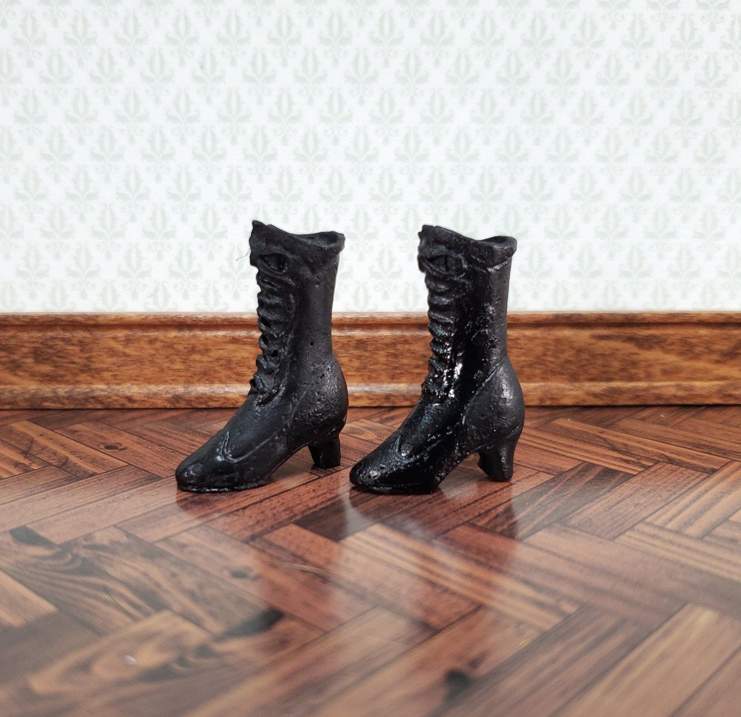 Dollhouse Victorian Boots Tall Black Lace Up Resin Miniatures 1 1/8" Tall