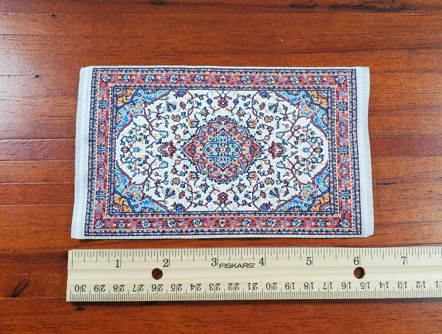 Dollhouse Small Rug Woven Fabric Red Cream Blue 1:12 Scale Victorian Style