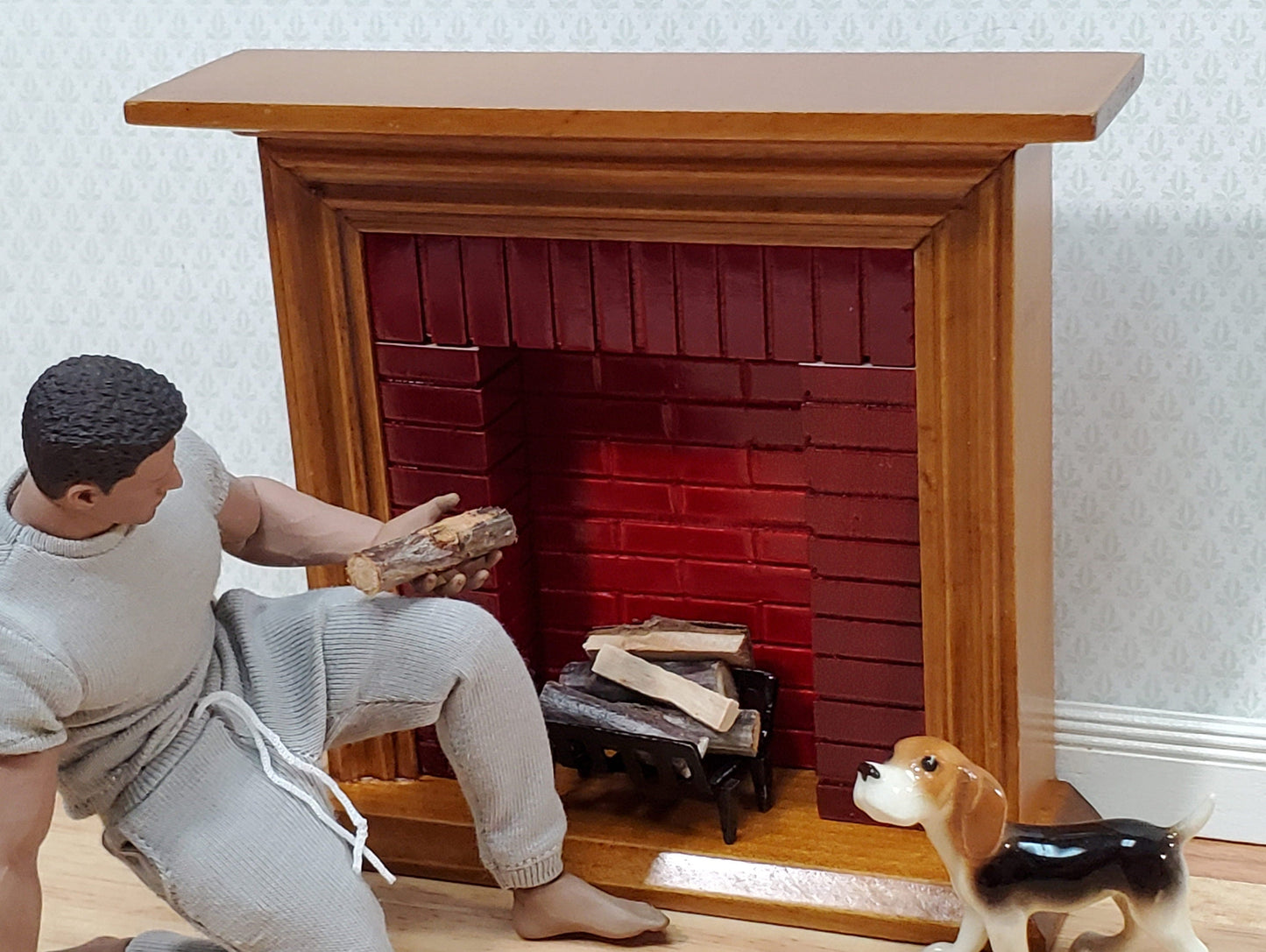 Dollhouse Fireplace with "Brick" Insert Walnut Finish 1:12 Scale Miniature Furniture