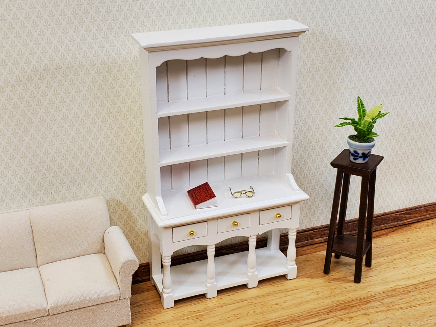 Dollhouse Kitchen Hutch Cupboard with Pot Shelf WHITE 1:12 Scale Furniture