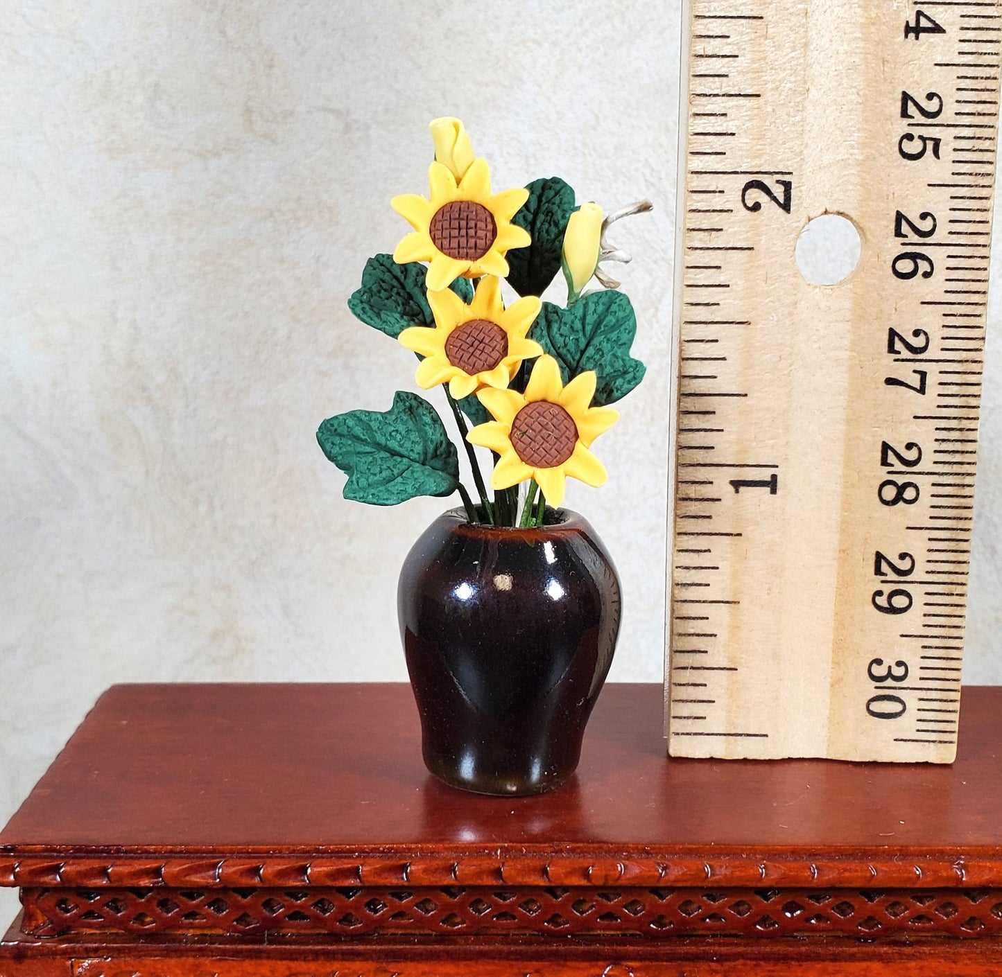 Dollhouse Sunflowers in Ceramic Black Vase 1:12 Scale Miniature Flowers