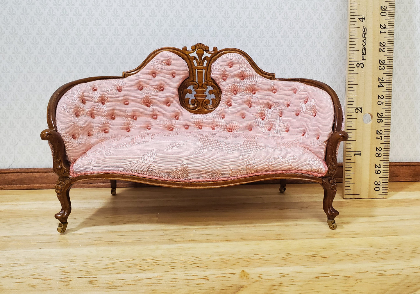 JBM Dollhouse Pink Settee Sofa Victorian Style Walnut Finish 1:12 Scale Couch