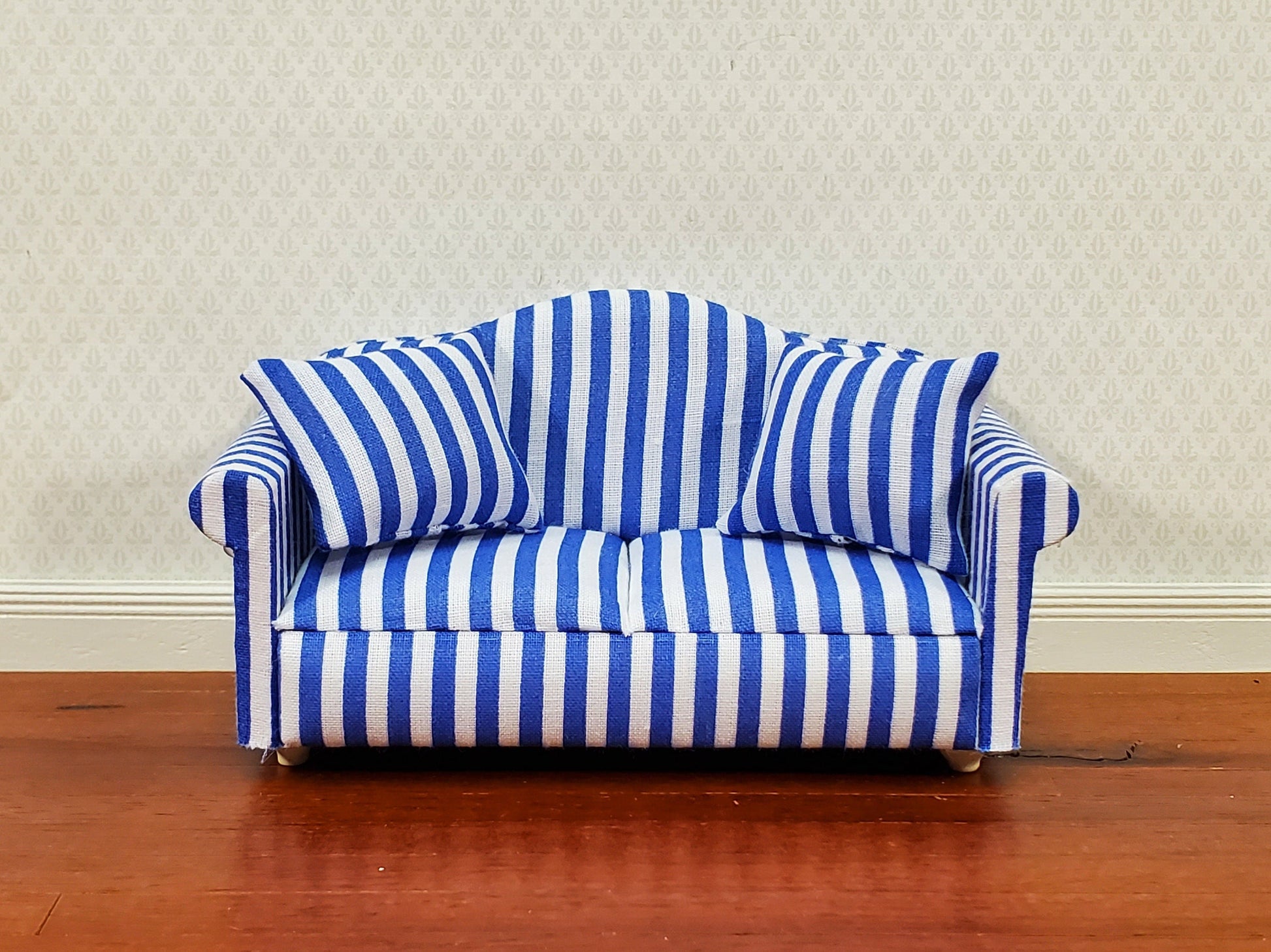 Dollhouse Sofa Couch Modern Blue & White Striped 1:12 Scale Miniature Furniture