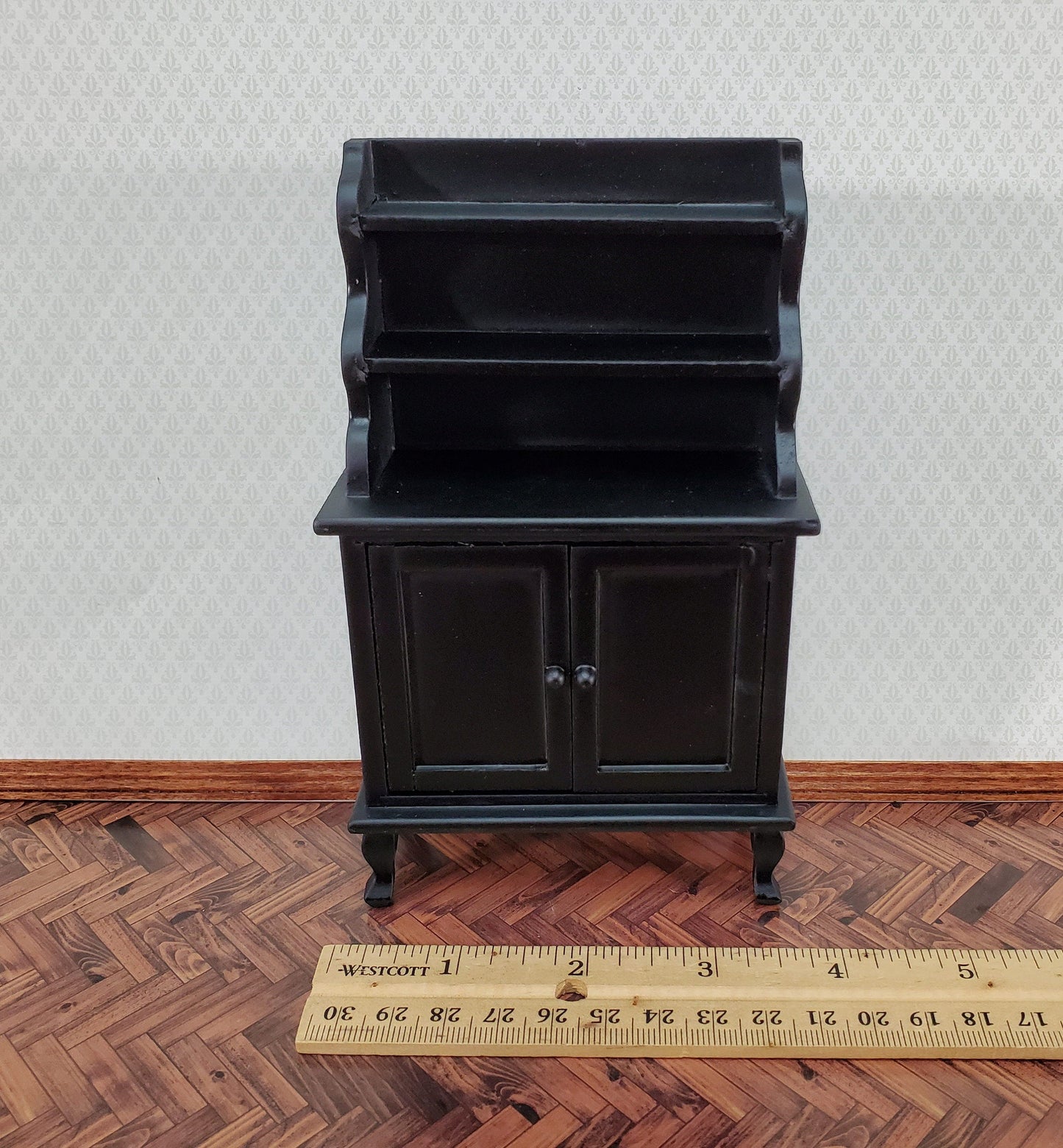 Dollhouse Tall Hutch Cabinet with Shelves Wood with a Black Finish 1:12 Scale Miniature Furniture