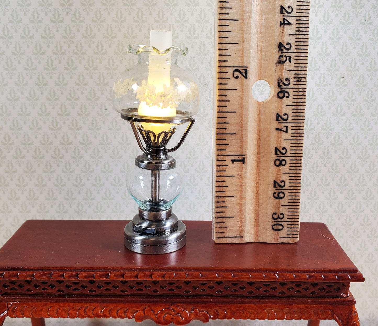 Dollhouse Light Hurricane Oil Lamp Battery Operated 1:12 Scale Aged Pewter