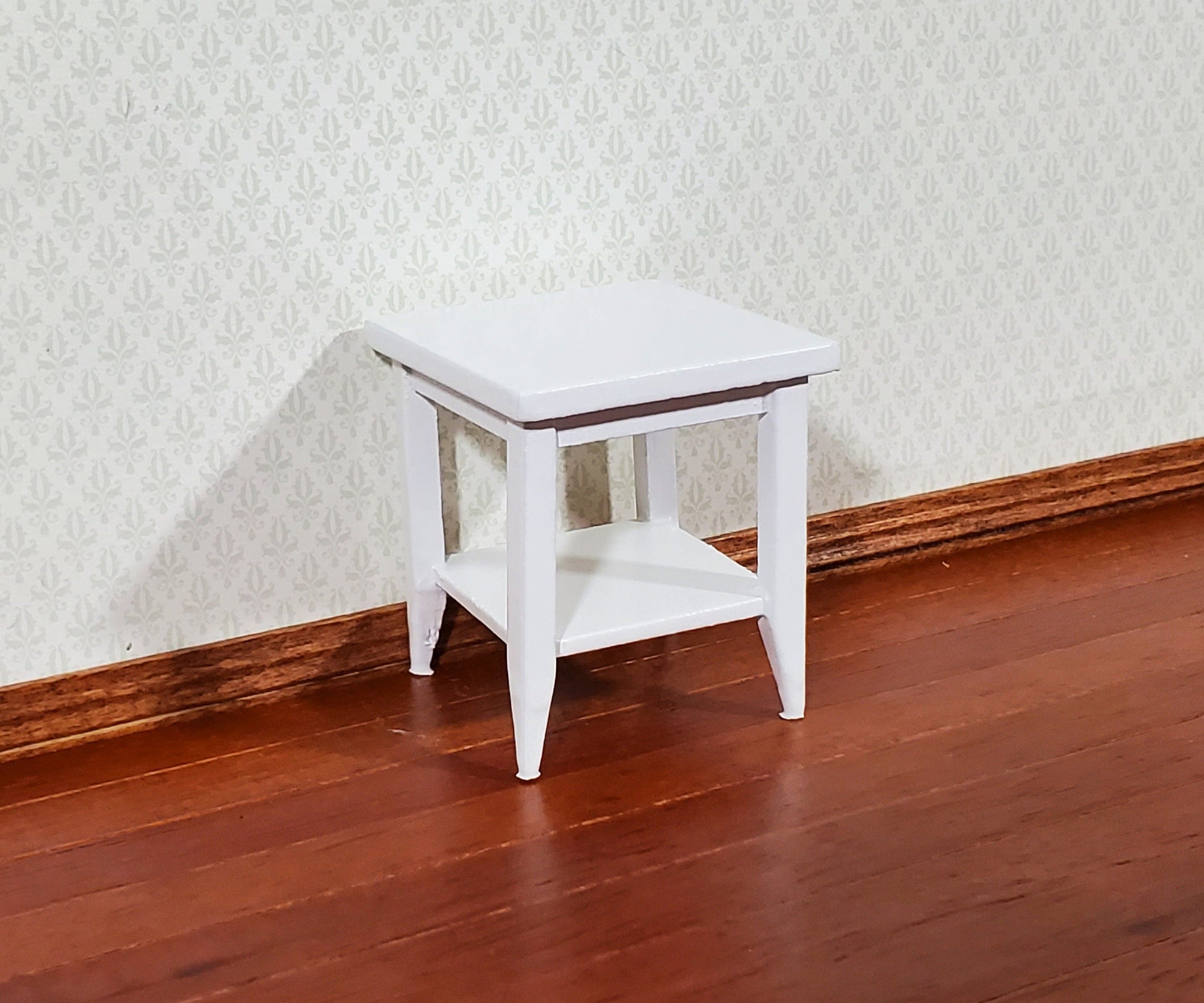 Dollhouse Side Table with Shelf Modern Style Wood White Finish 1:12 Scale Miniature Furniture