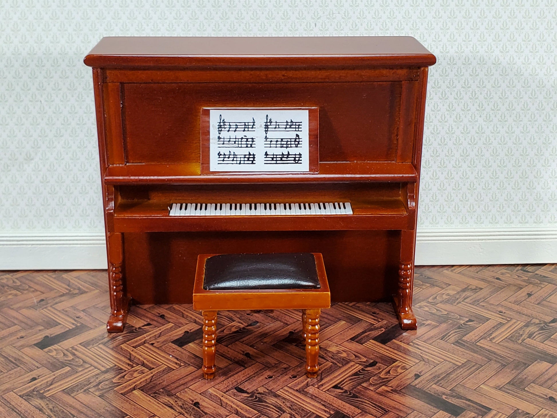 Miniature Upright Piano with Bench Seat Wood Instrument 1:12 Scale Dollhouse Walnut Finish