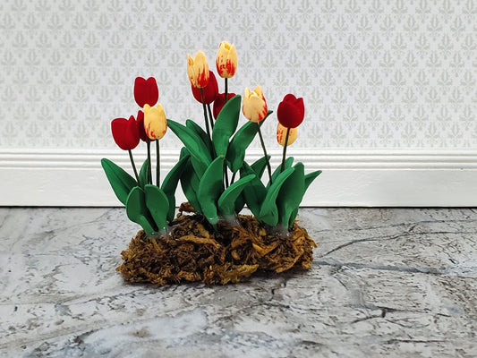 Dollhouse Tulips Flower Bed Border Red & Peach 1:12 Scale Miniature Garden