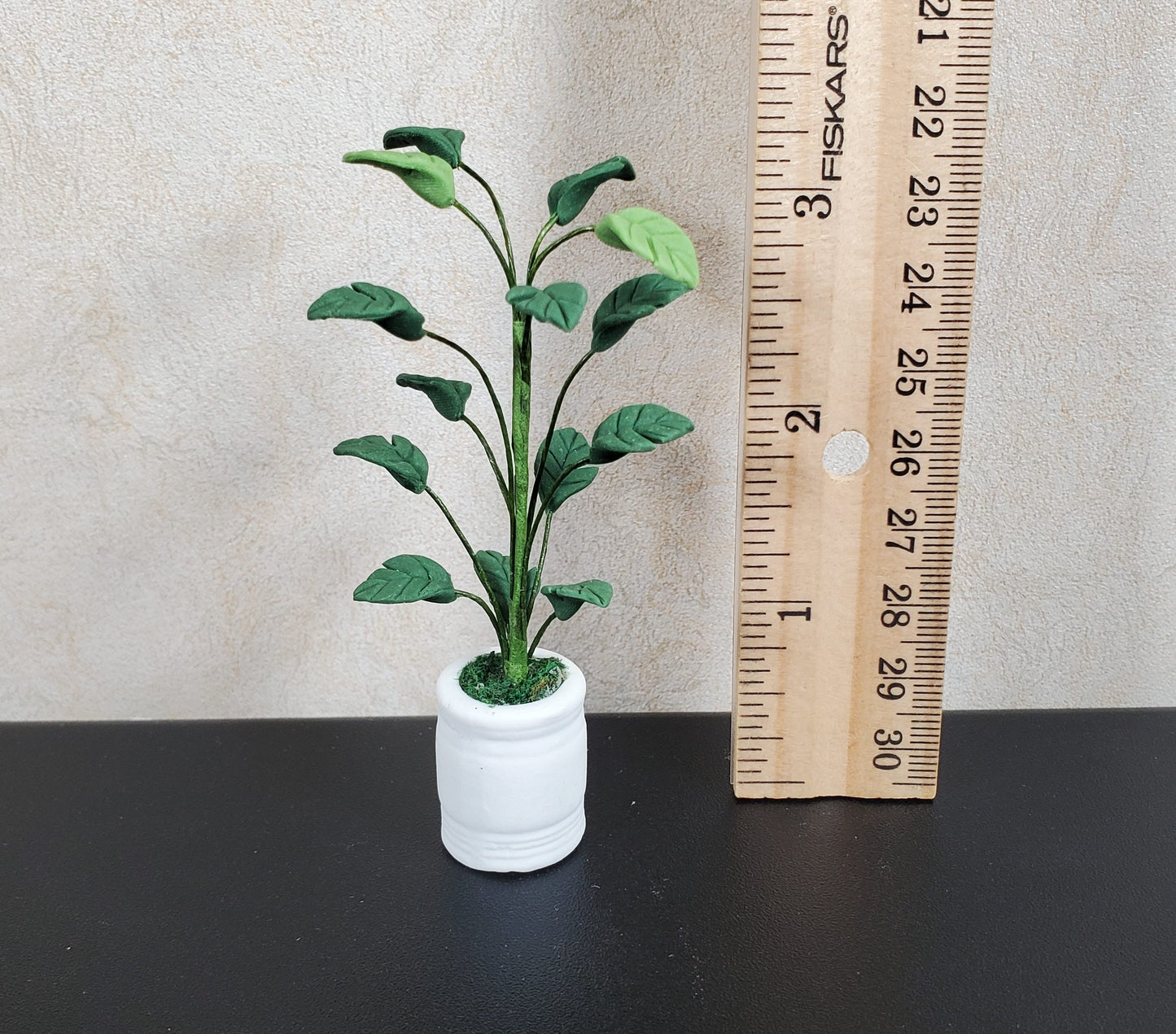 Dollhouse Tall Potted Medium Leaf Palm in a White Clay Pot 1:12 Scale Miniature