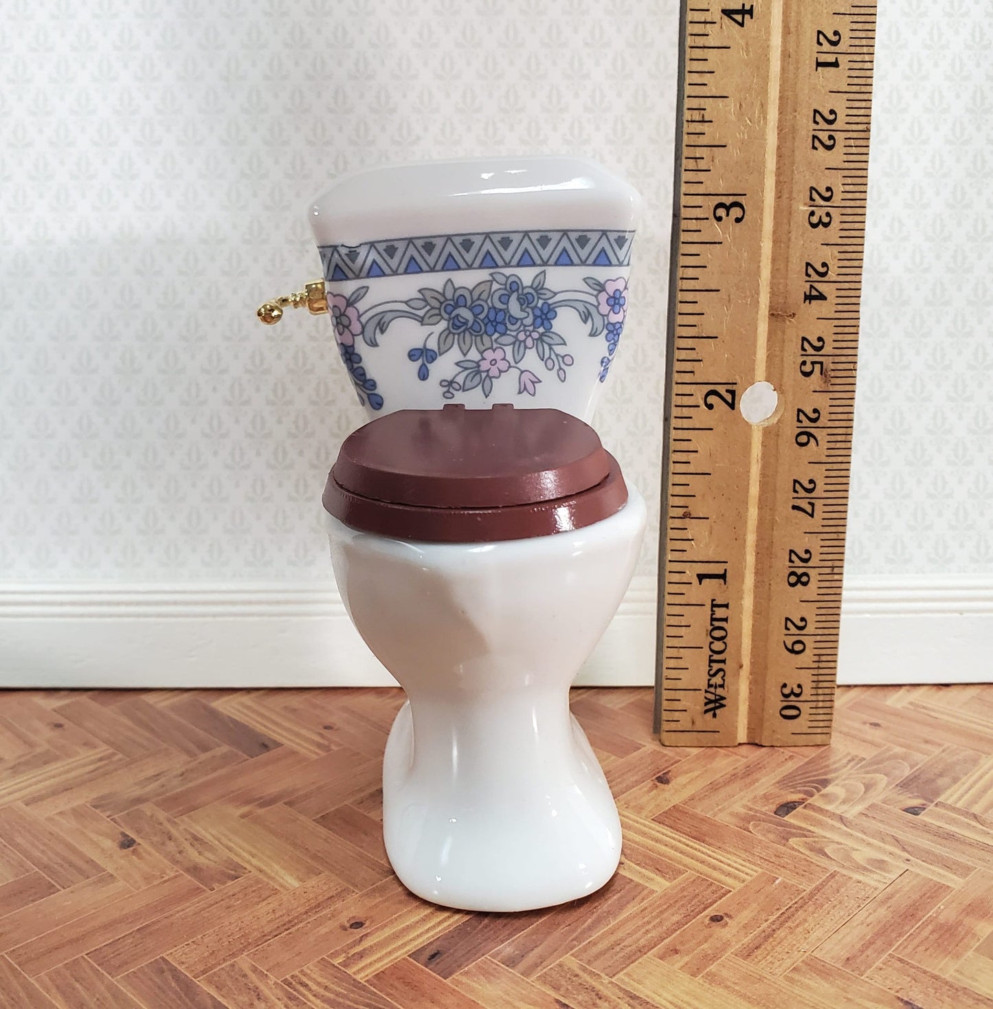 Dollhouse Bathroom Set White & Blue Ceramic Tub Toilet Sink 1:12 Scale Miniature