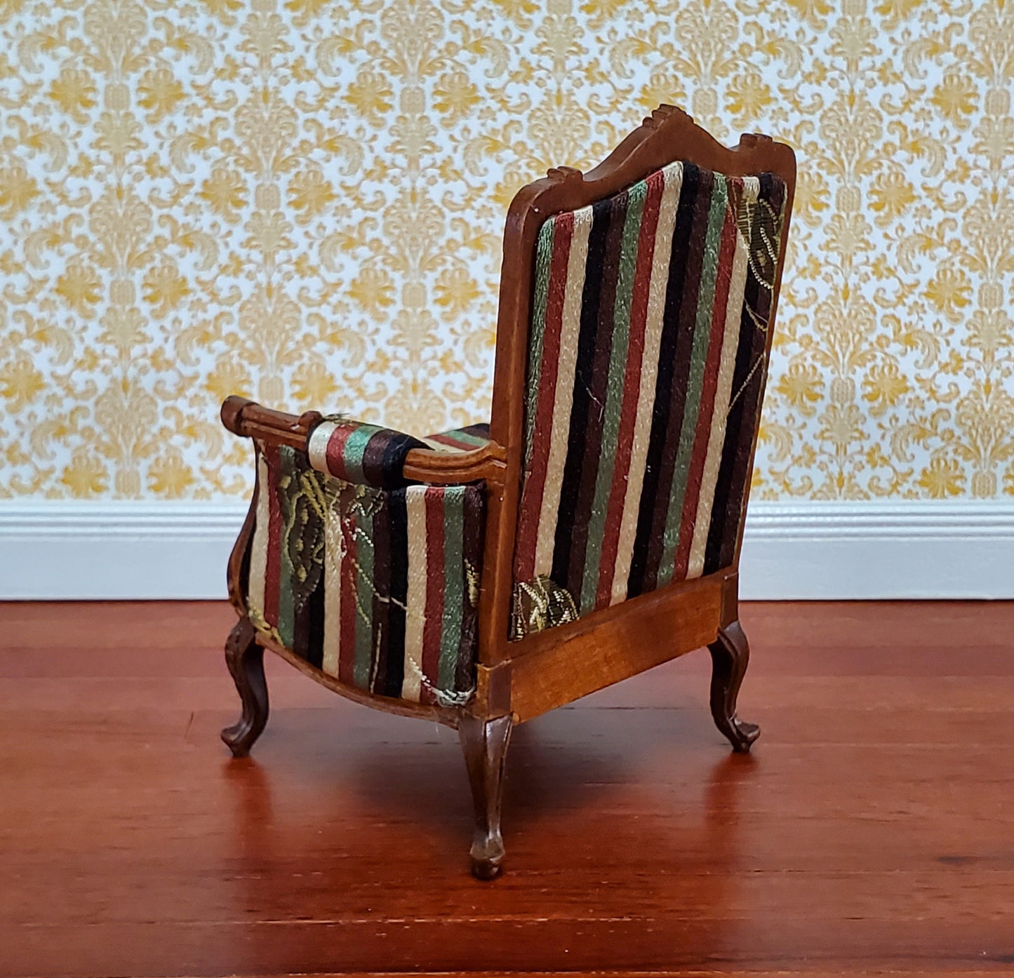 JBM Dollhouse Chair Victorian Style Striped Neutral Fabric 1:12 Scale Furniture