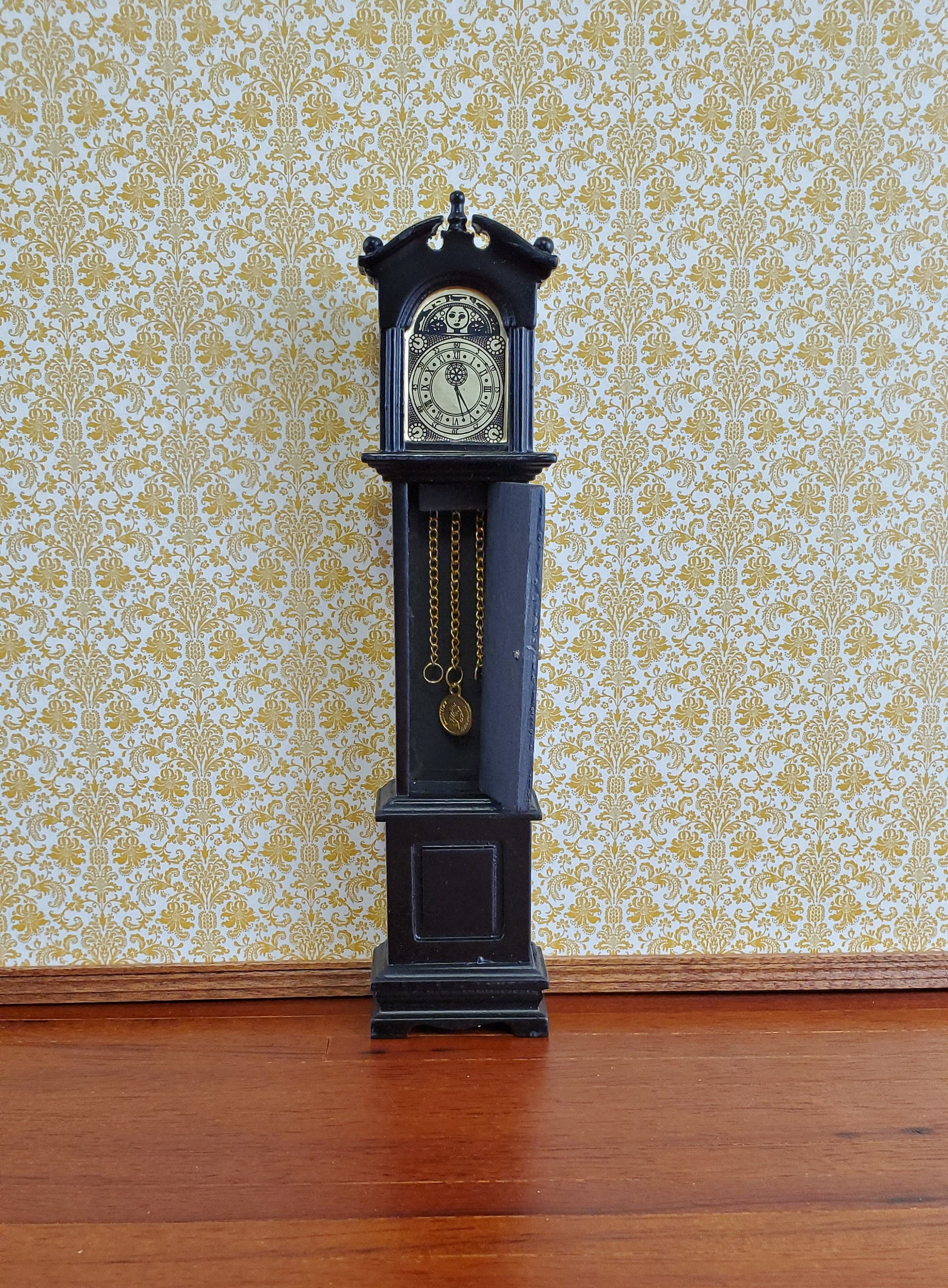 Dollhouse Miniature Grandfather Clock Opens Black Wood 1:12 Scale Furniture