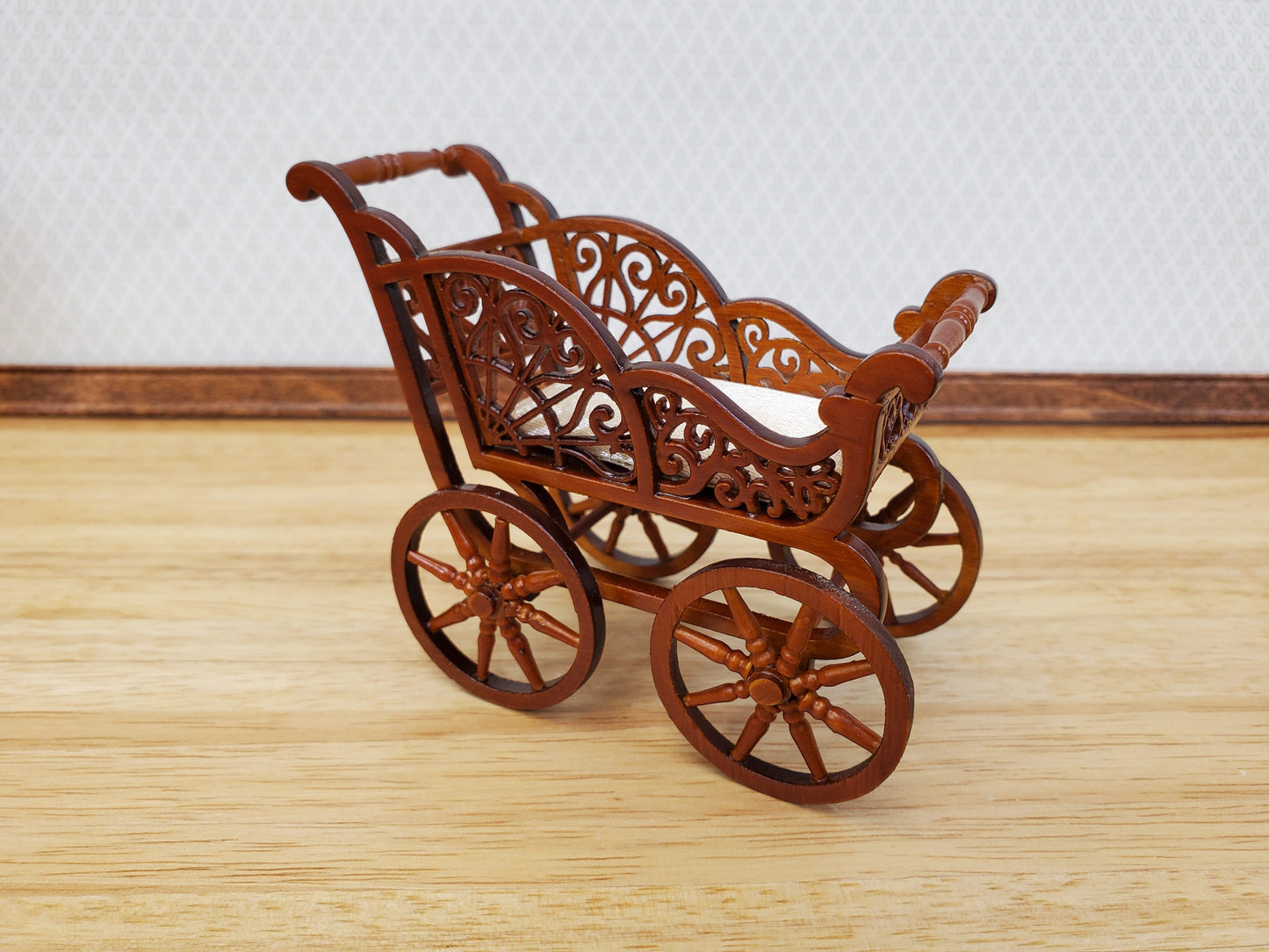 Dollhouse Baby Carriage Stroller Victorian Style 1:12 Scale Furniture Walnut Finish