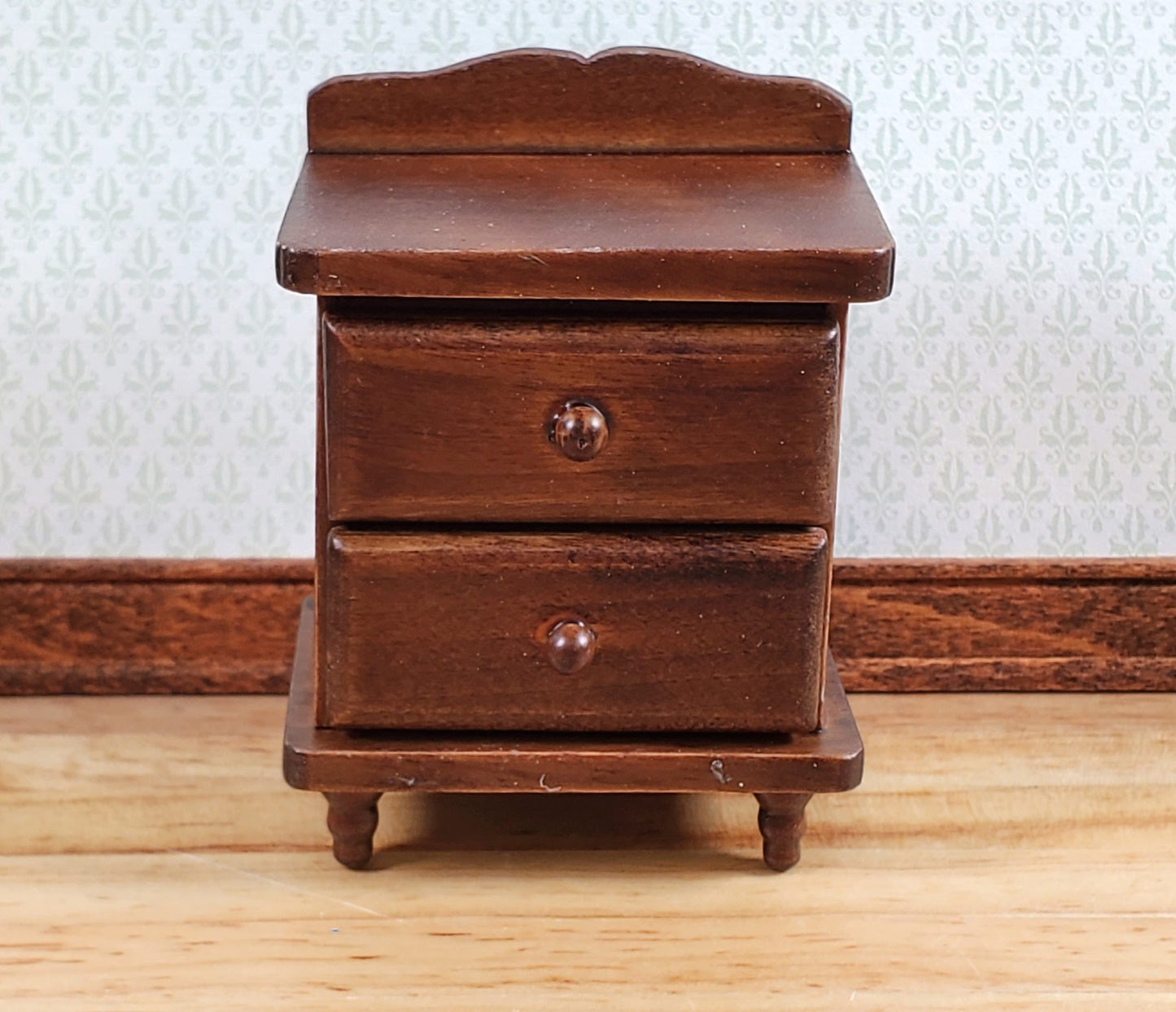 Dollhouse Nightstand Side Table 2 Drawers Walnut Finish 1:12 Scale Miniature Furniture