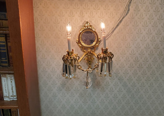 Dollhouse Double Crystal Candle Sconce 12 Volt 1:12 Scale Miniature Handmade