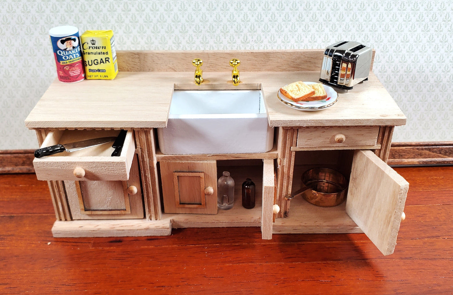 Dollhouse Kitchen Sink with Counter Cabinet 1:12 Scale Miniature Unpainted Wood