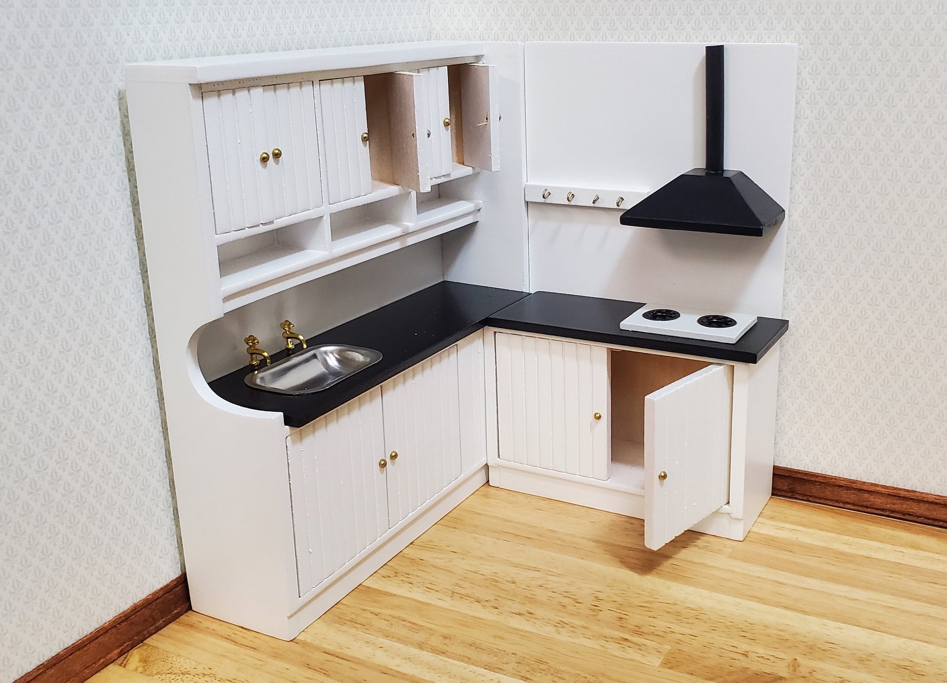 Dollhouse Corner Kitchen Set WHITE Sink Stove Top Cabinets 1:12 Scale Miniature