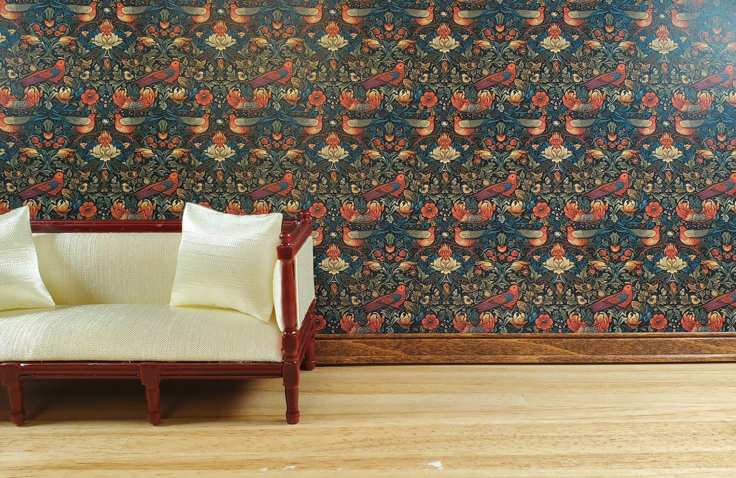 Dollhouse Victorian Wallpaper Dark Green Red Birds 3 Sheets 1:12 Scale Miniature