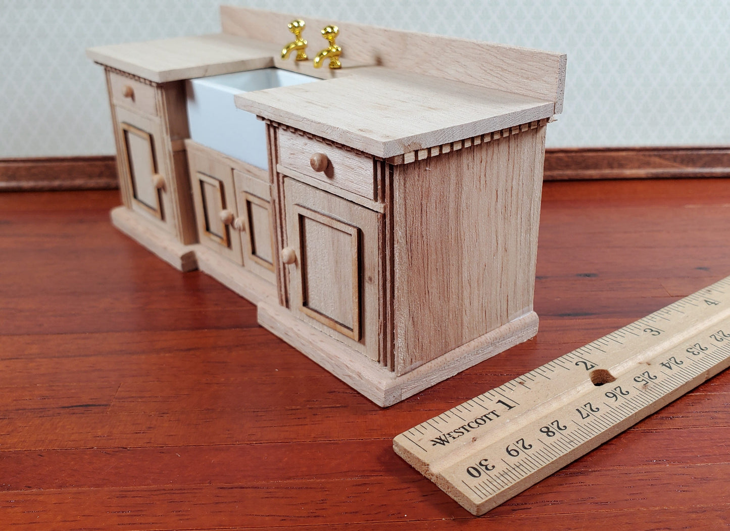 Dollhouse Kitchen Sink with Counter Cabinet 1:12 Scale Miniature Unpainted Wood