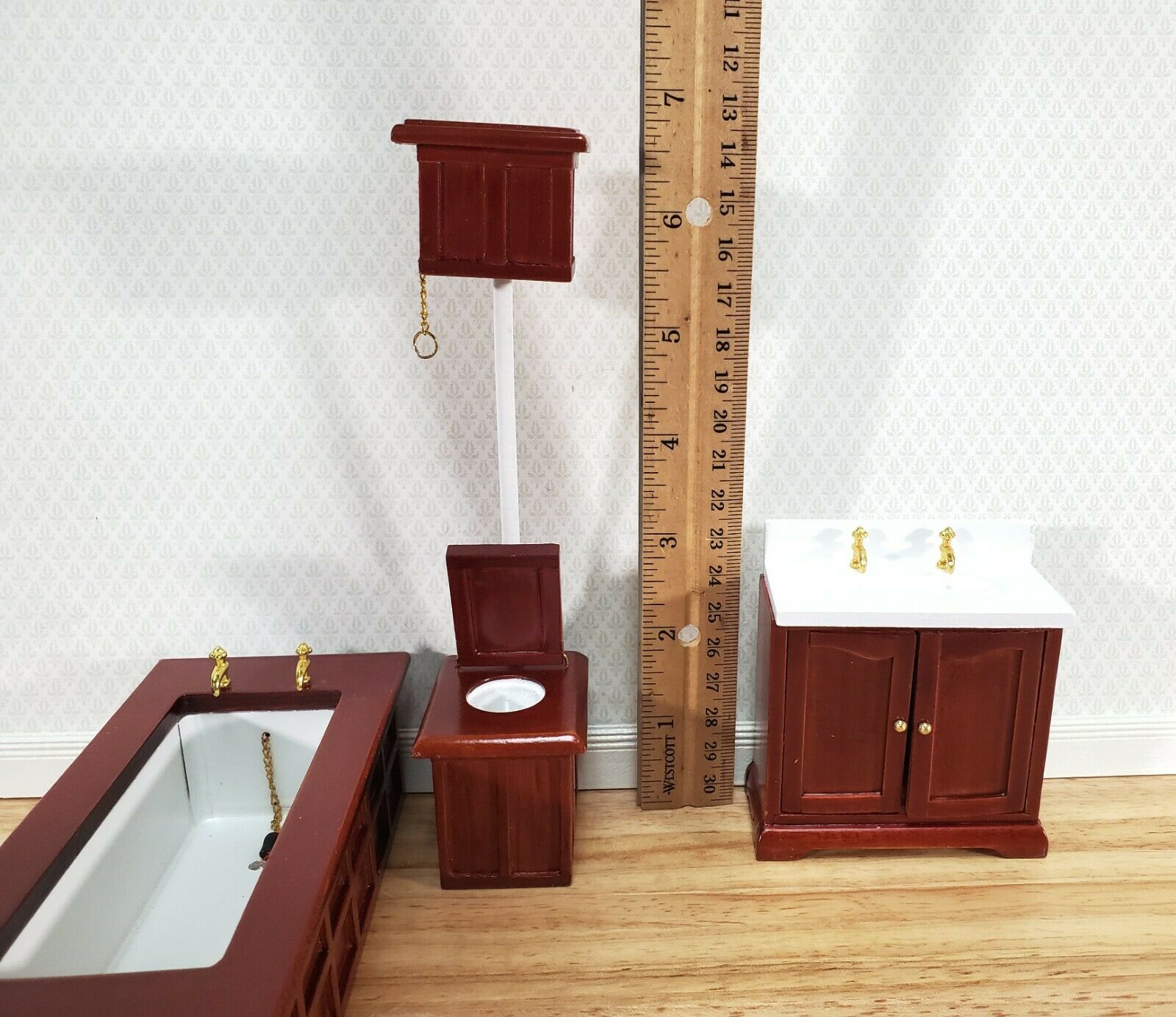 Dollhouse Bathroom Set Victorian Tub Toilet Sink Mahogany Finish 1:12 Scale Miniature Furniture