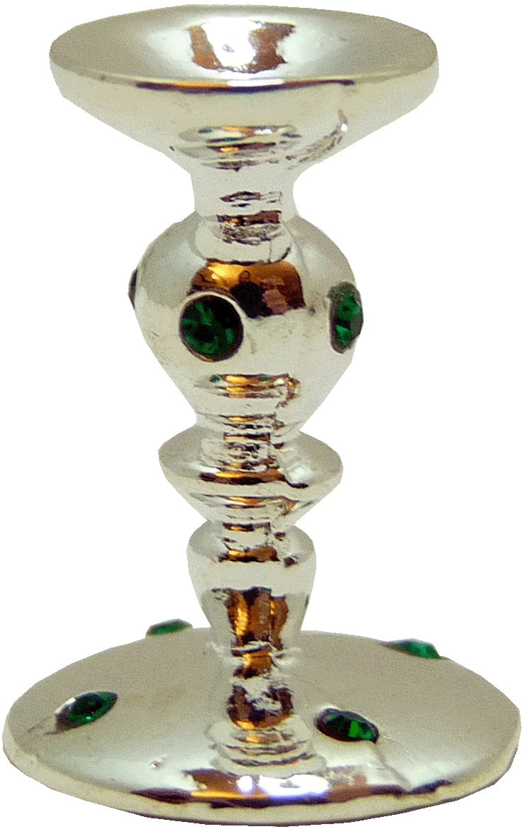 Dollhouse Emerald Encrusted Tall Candlestick Holder Silver 1:12 Scale Miniature