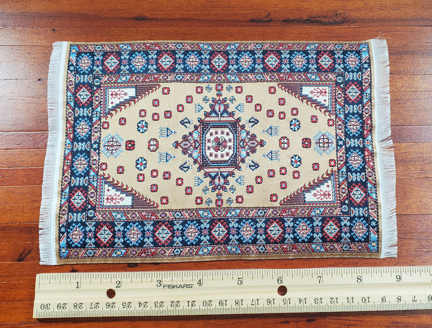 Dollhouse Rug Woven Fabric Large Brown Red Blue 1:12 Scale Miniature 9x6