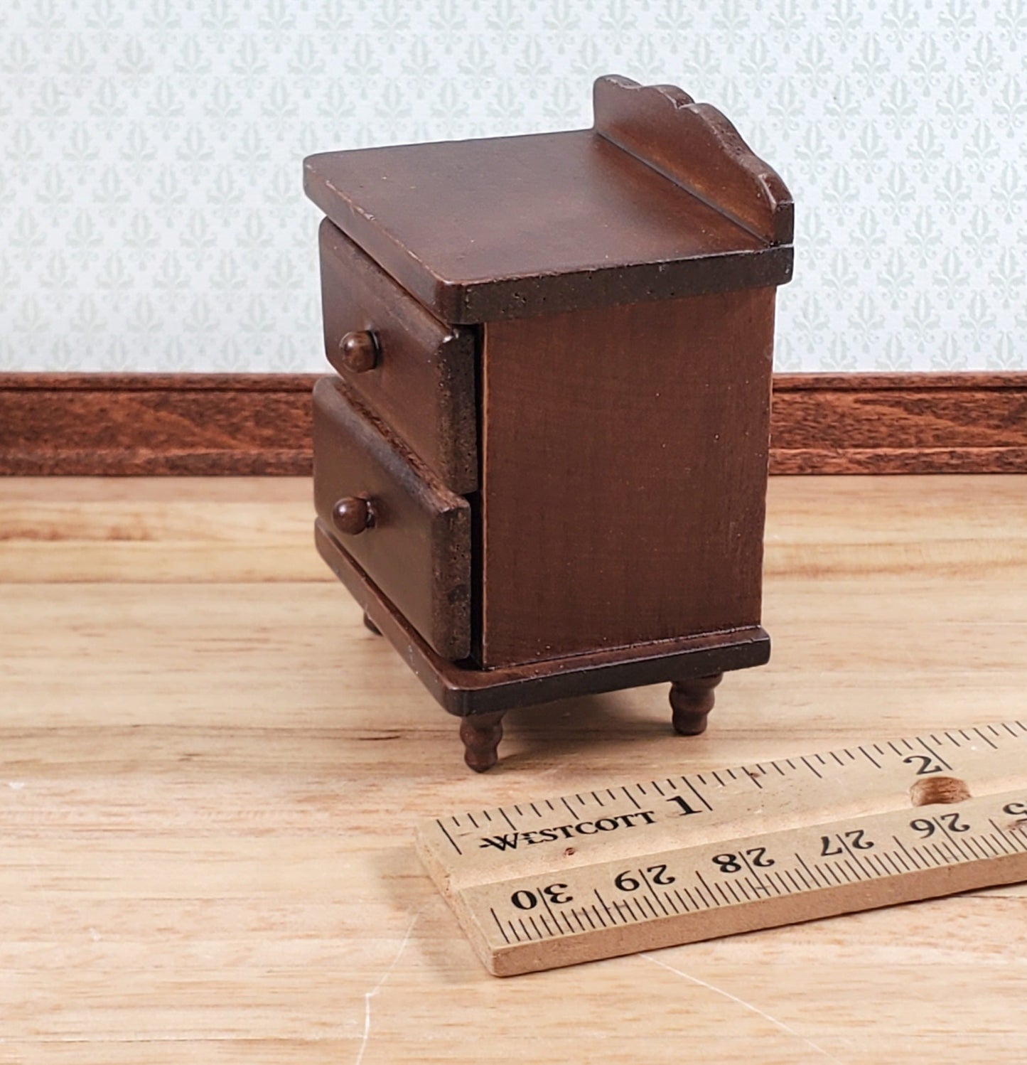 Dollhouse Nightstand Side Table 2 Drawers Walnut Finish 1:12 Scale Miniature Furniture