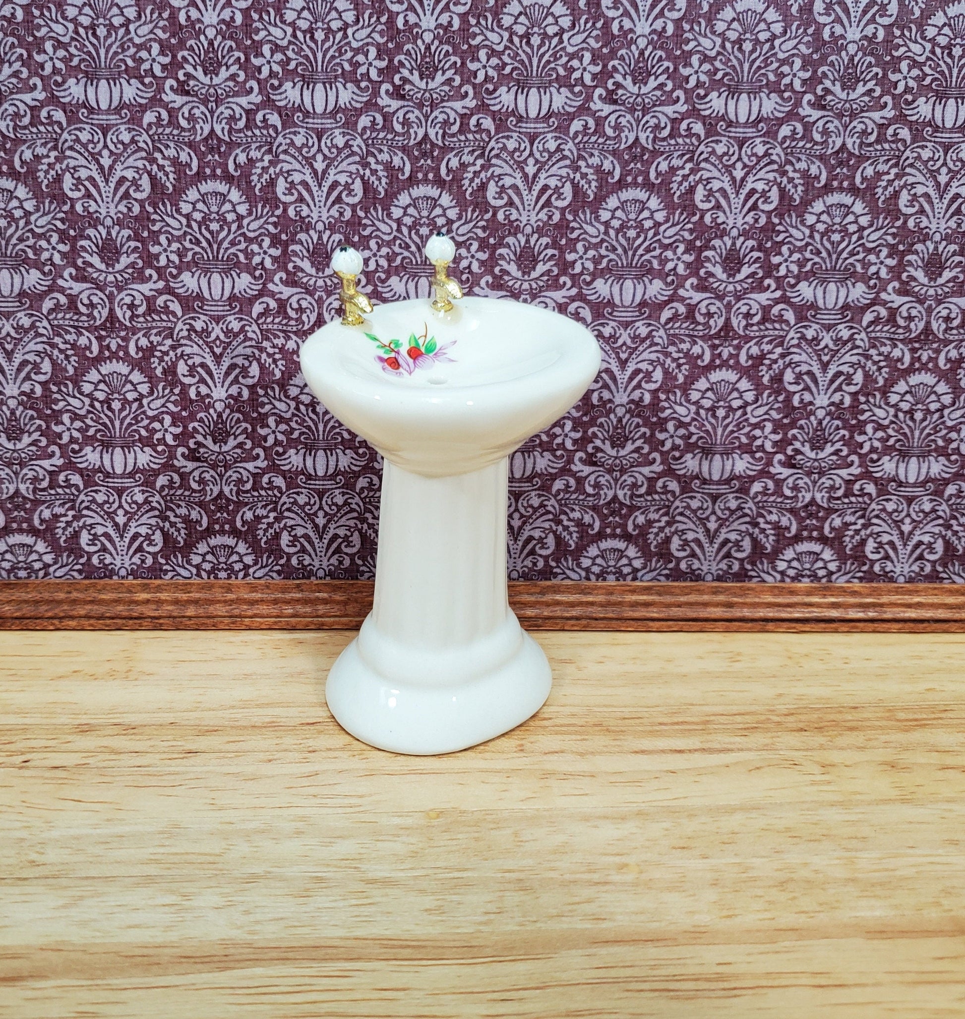 Dollhouse Pedestal Sink Bathroom White Ceramic Gold Handles 1:12 Scale with Decal