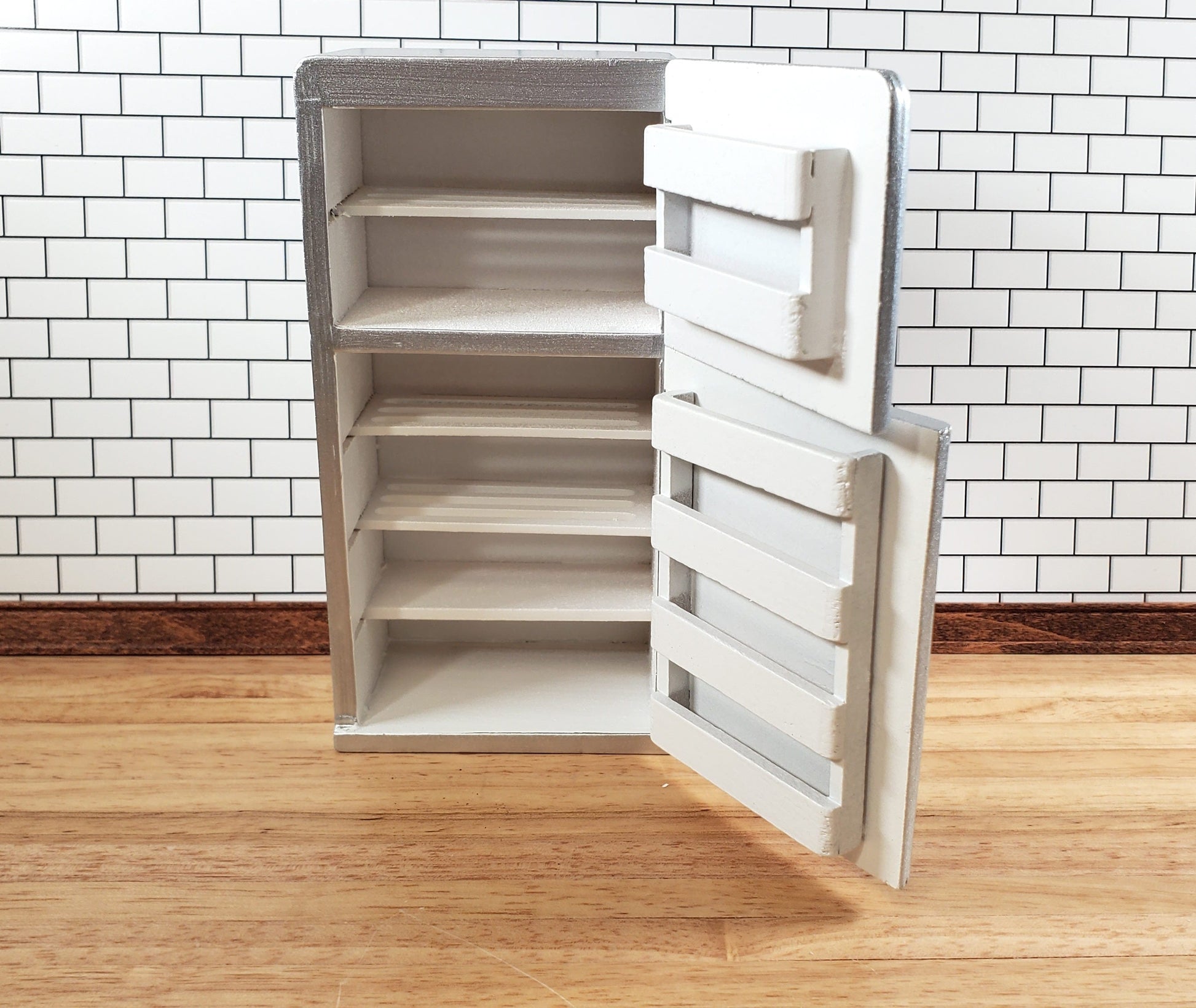 Dollhouse Kitchen Miniature Fridge 2 Door Refrigerator Silver Modern Style 1:12 Scale