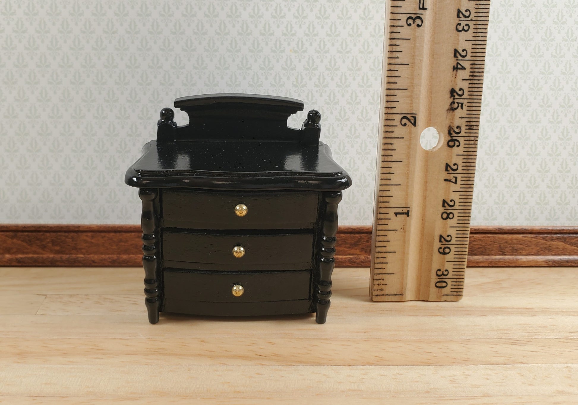 Dollhouse Night Stand Side Table Black 3 Drawers 1:12 Scale Wood Miniature