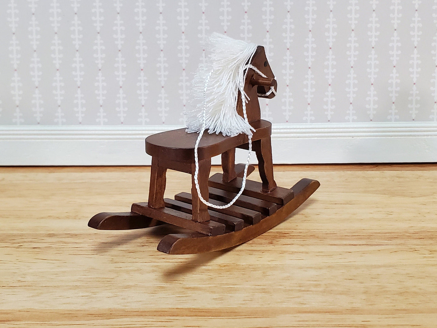 Dollhouse Rocking Horse Toy Walnut Finish 1:12 Scale Miniature Wood for Nursery