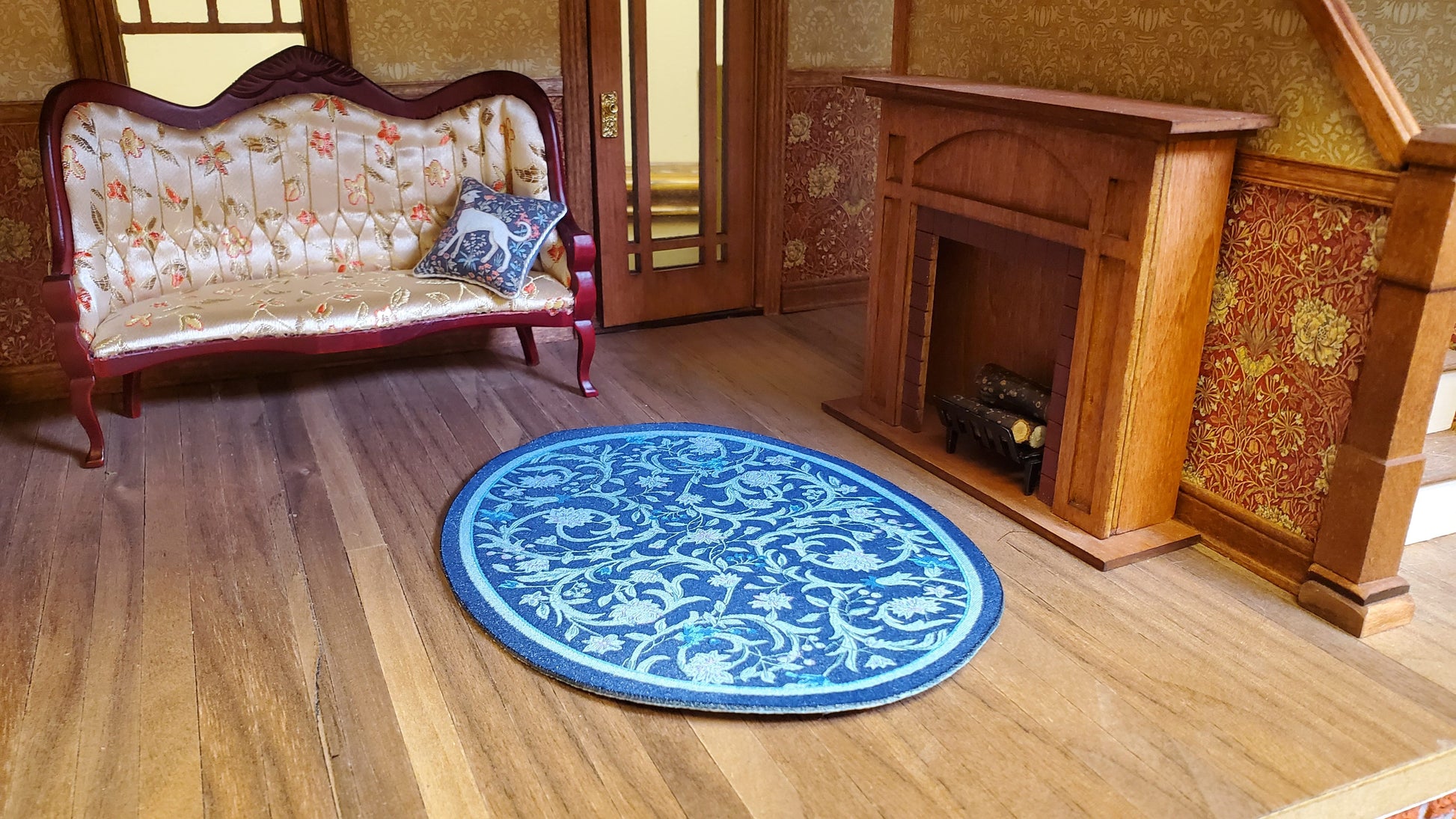 Dollhouse Oval Rug Fabric Blue Floral 1:12 Scale Miniature Carpet