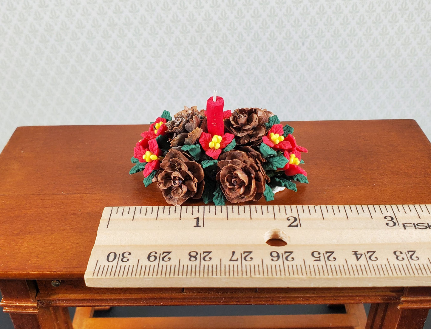 Dollhouse Holiday Centerpiece Red Poinsettias & Pinecones 1:12 Scale Miniature