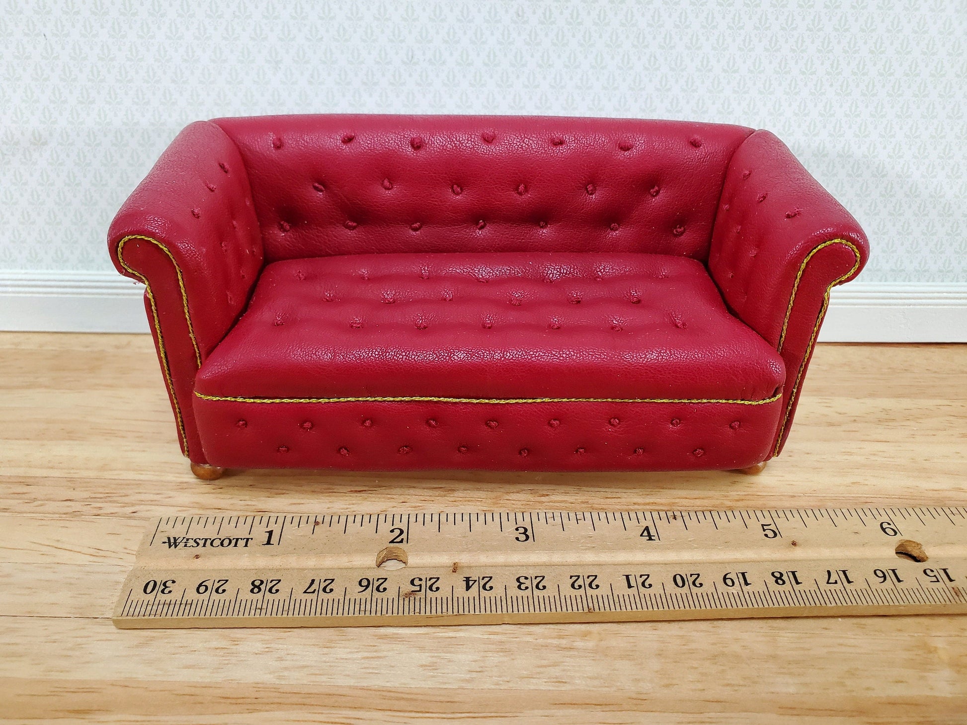 JBM Miniature Chesterfield Sofa Red Tufted Faux Leather 1:12 Scale Dollhouse Furniture