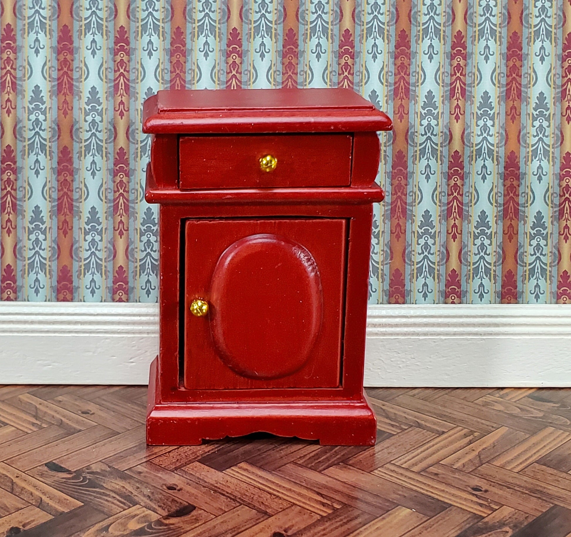 Dollhouse Nightstand Side Table Mahogany Opening Door & Drawer 1:12 Scale Miniature Furniture