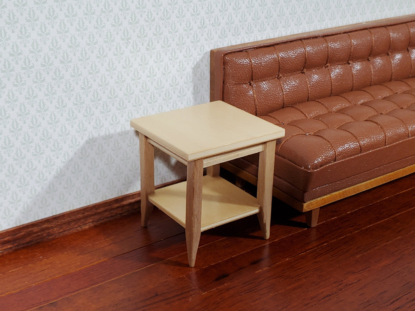 Dollhouse Side Table with Shelf Modern Style Light Oak Finish 1:12 Scale Miniature Furniture